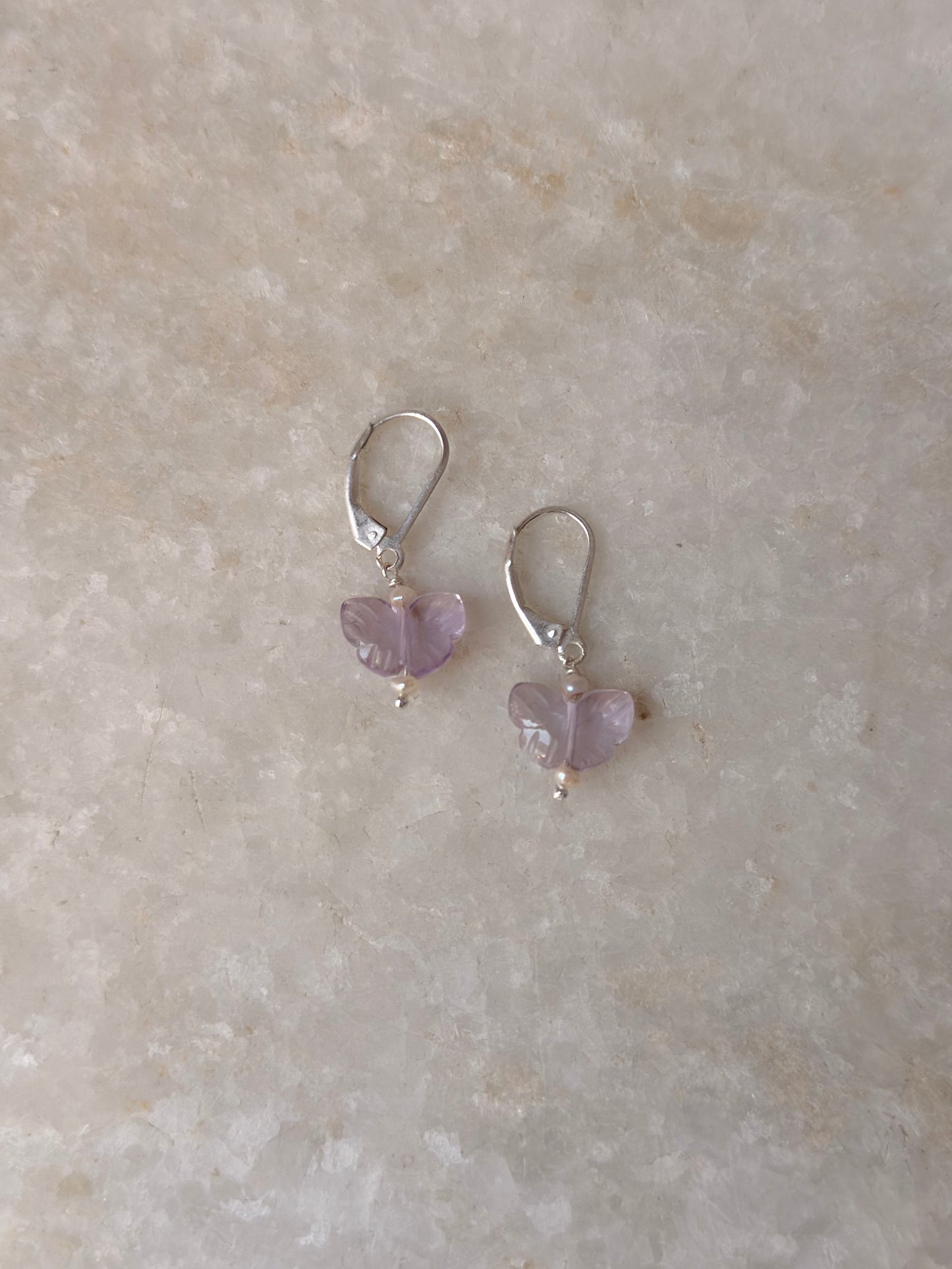 925 Sterling Silver Amethyst Butterfly & Pearls Lever Back Earrings
