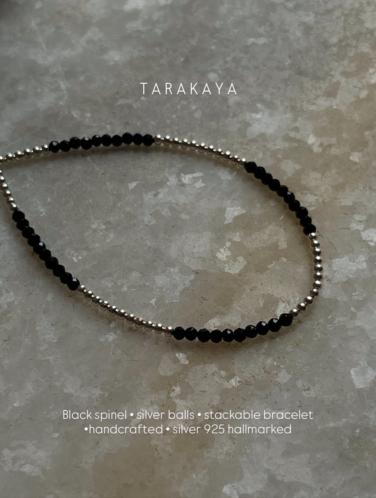 Black Spinel & Silver Balls Handcrafted Stackable Sterling Silver 925 Bracelet