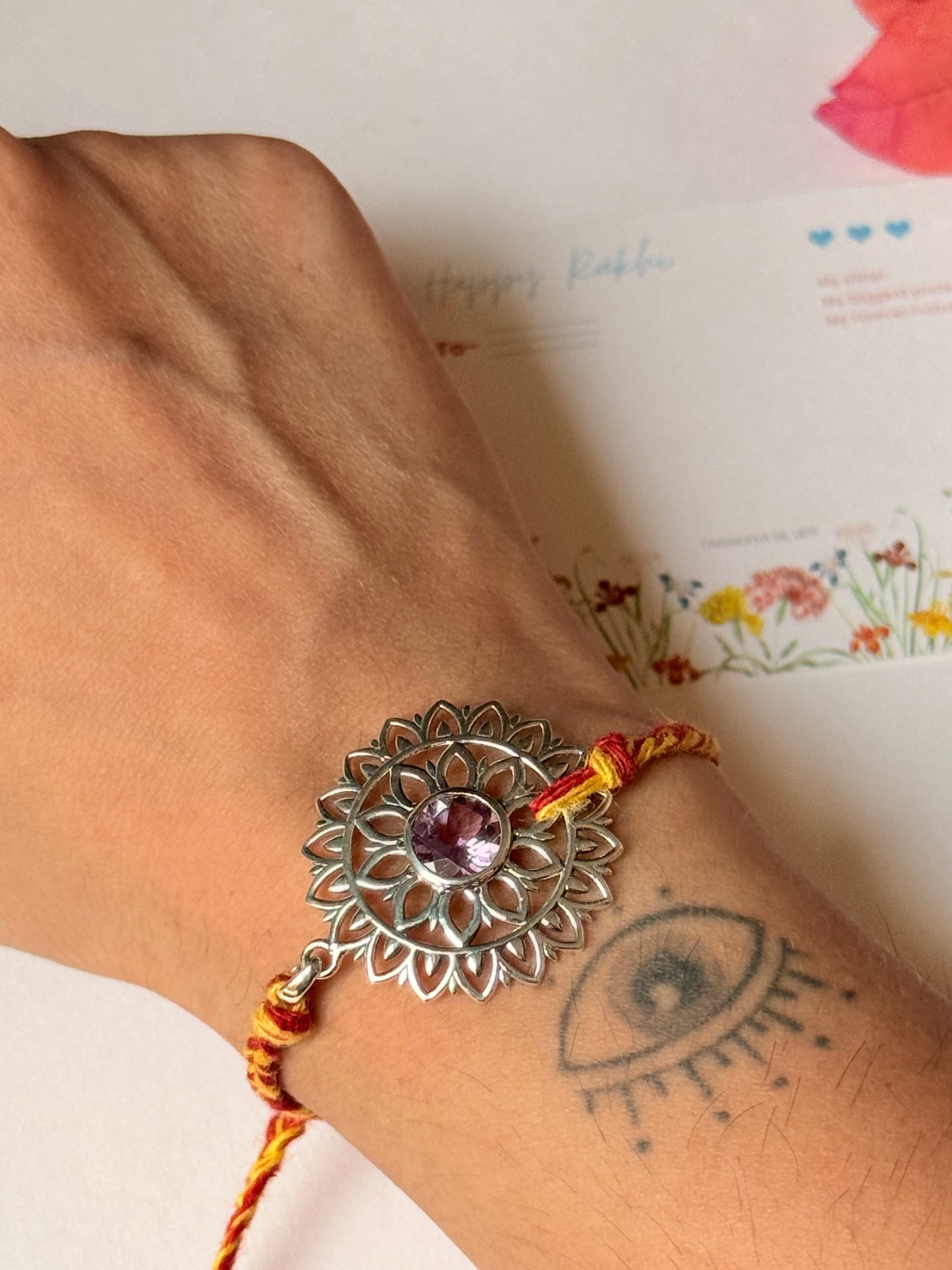 925 Sterling Silver Gemstone Mandala Rakhi - Reusable as Pendant Handcrafted Rakhi