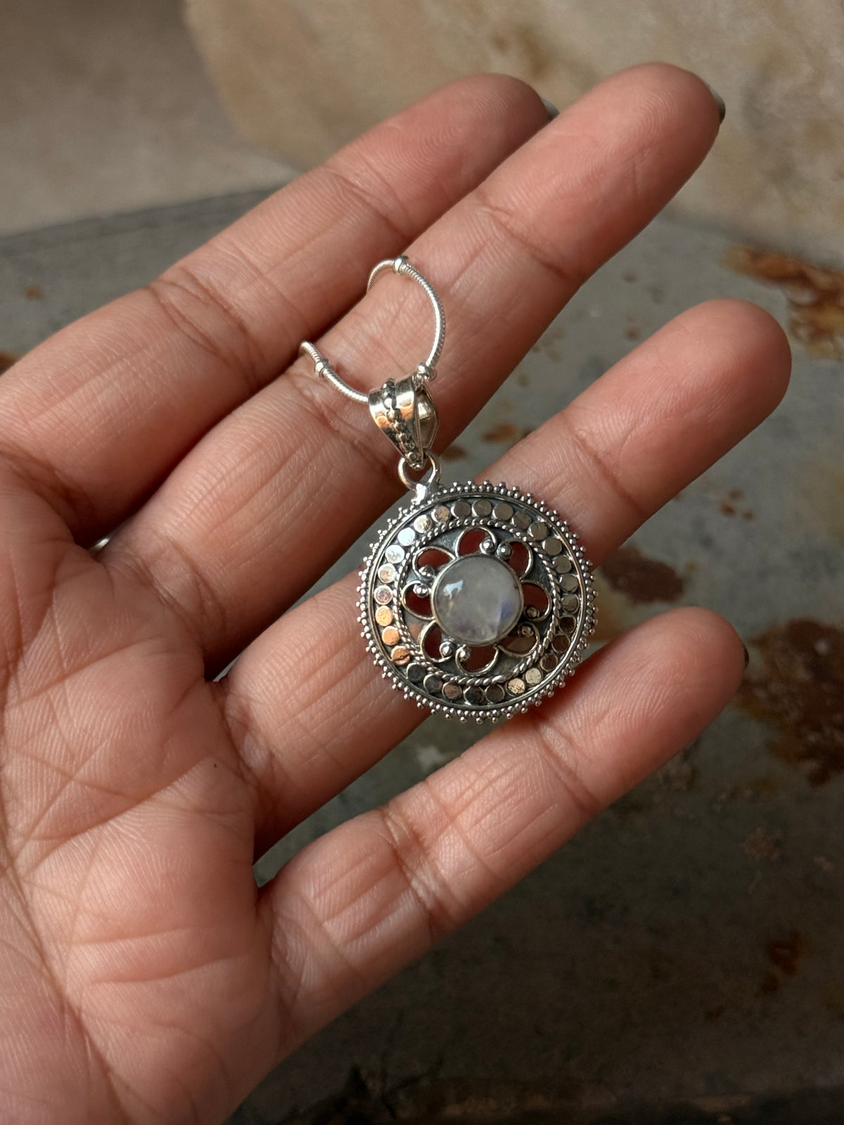 925 Sterling Silver Moonstone Round Boho Handcrafted One of a Kind Pendant