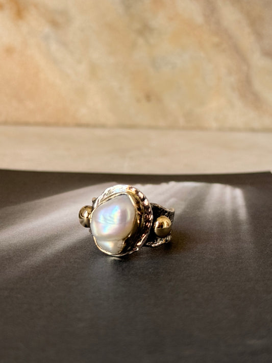 925 Sterling Silver Baroque Pearl Rustic Fusion Handcrafted Ring
