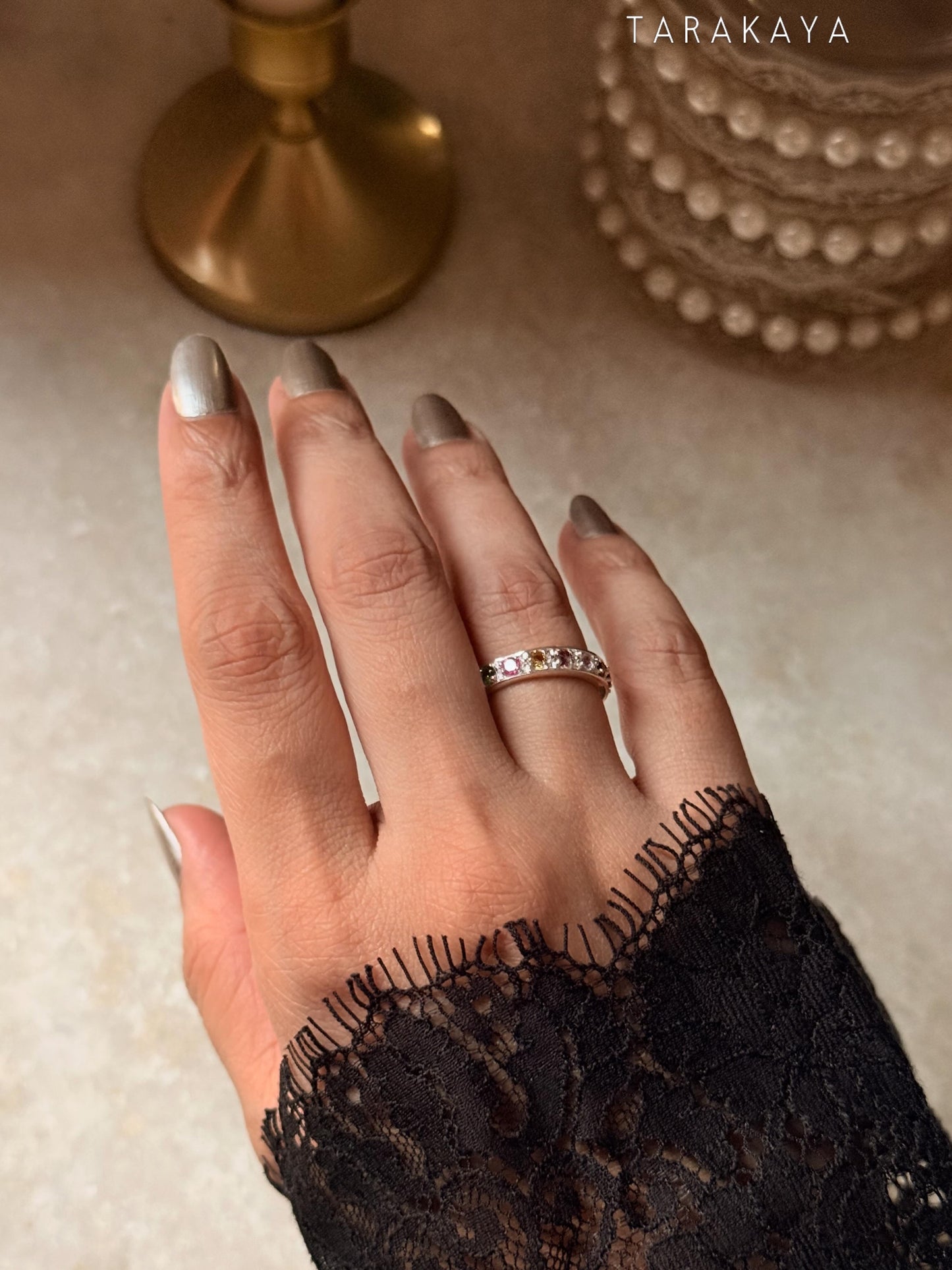 925 Sterling Silver Natural Multi Tourmaline Faceted Eternity White Band Ring