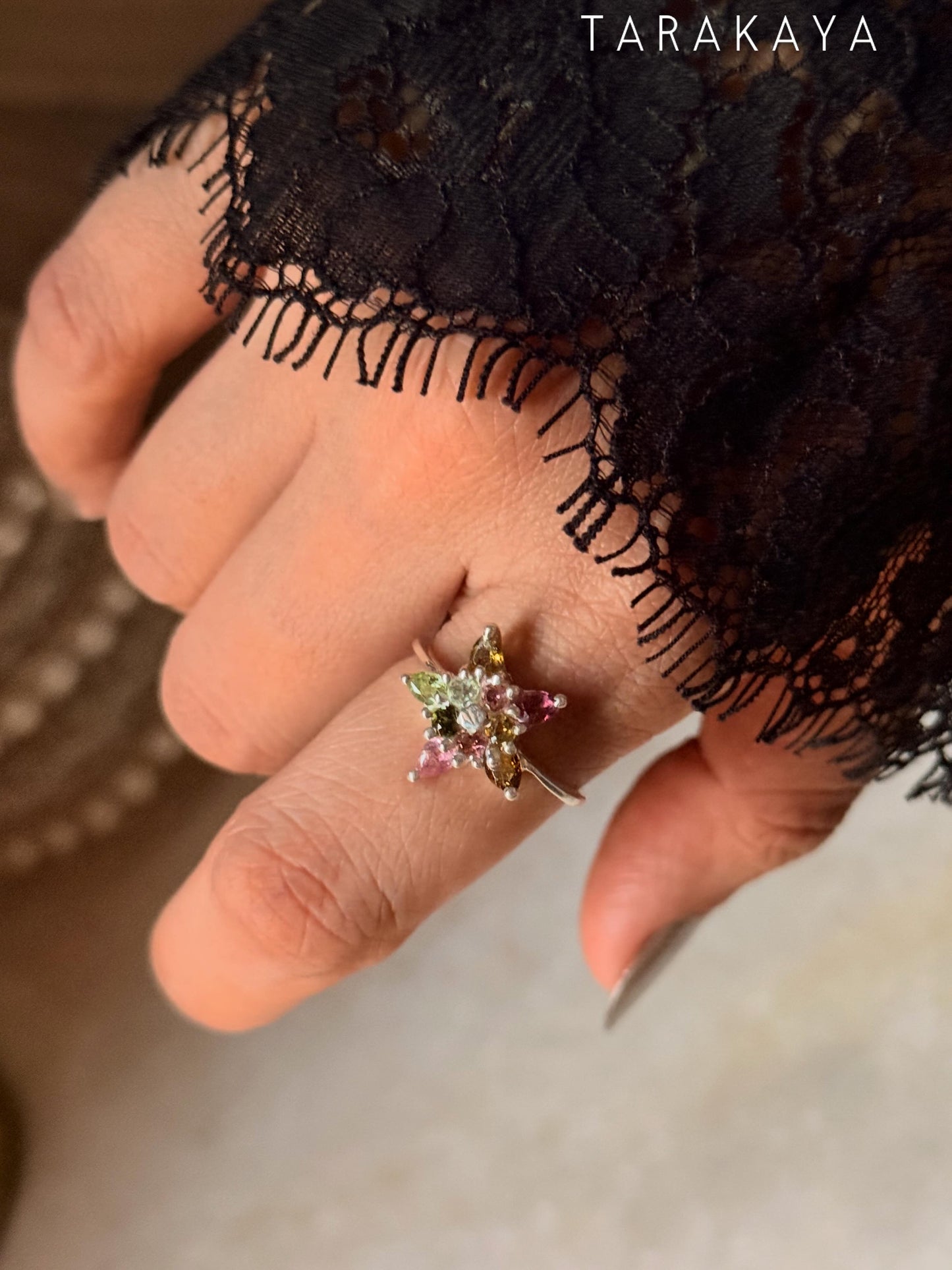 925 Sterling Silver Multi Tourmaline star Ring