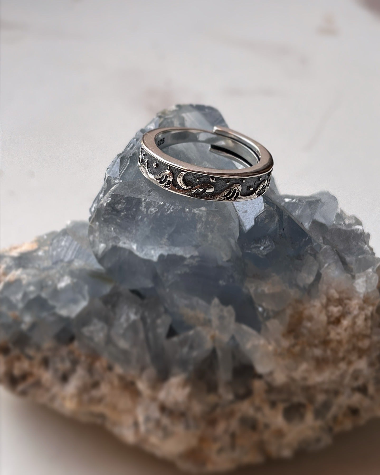 Sterling Silver Adjustable Ring with Moon, Waves, and Stars Design