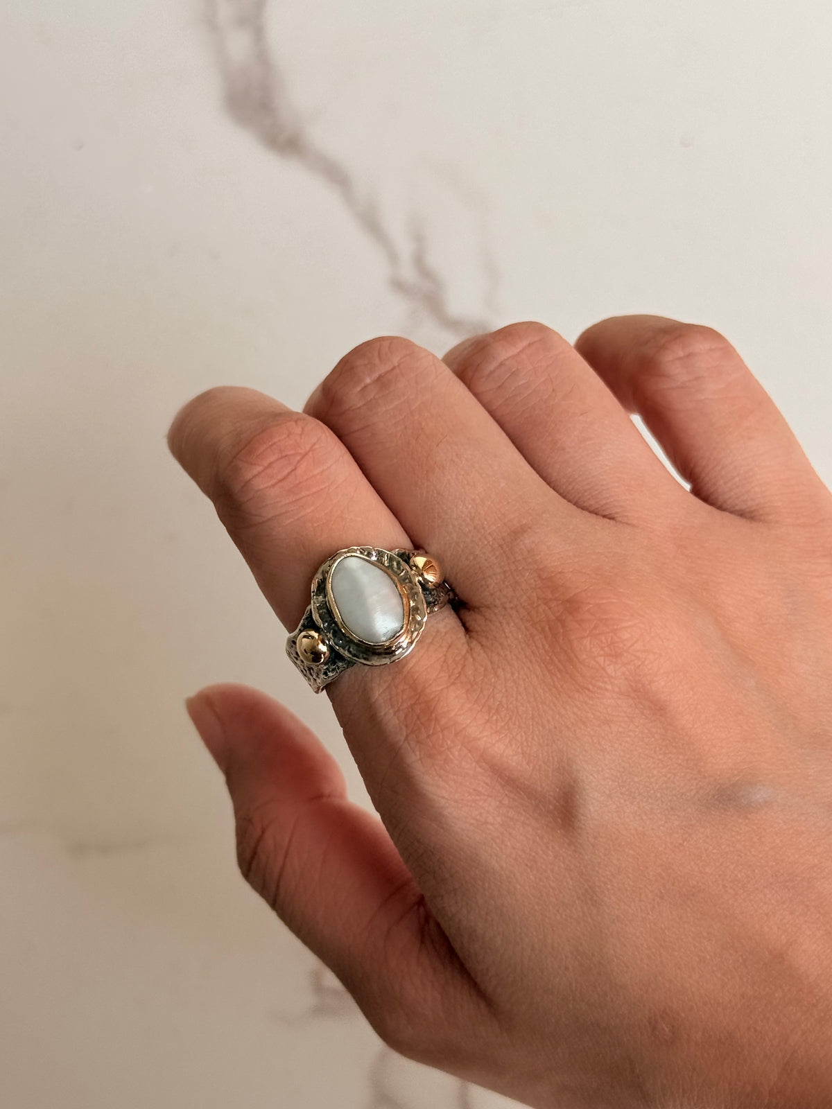 925 Sterling Silver Baroque Pearl Rustic Fusion Handcrafted Ring