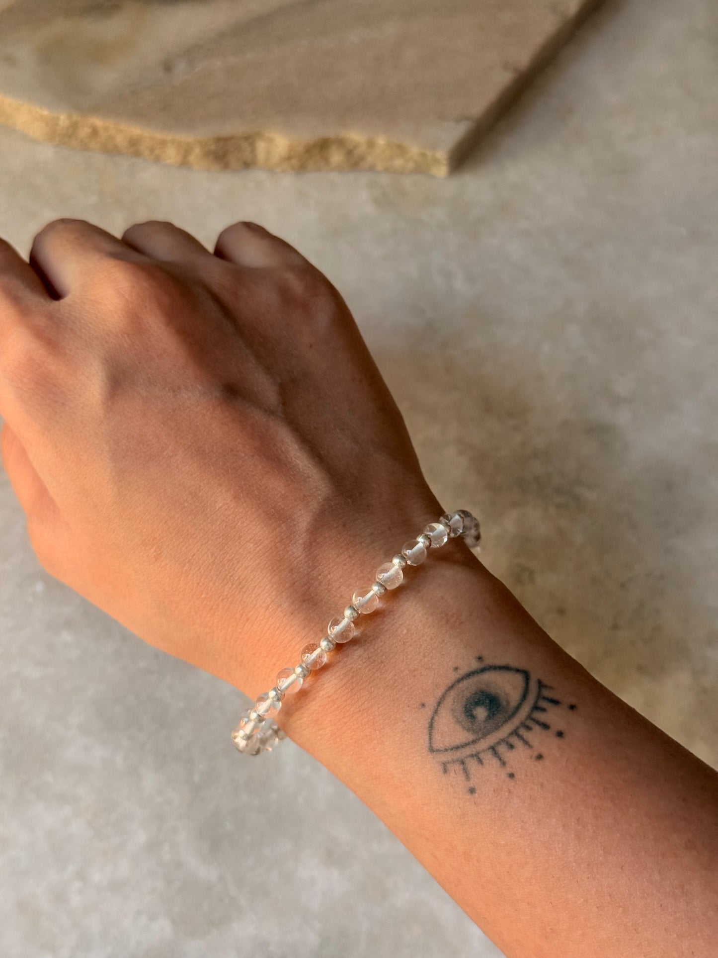 925 Sterling Silver Clear Quartz 4mm Silver Beads Bracelet- Beaded in Pure Silver 925 Wire