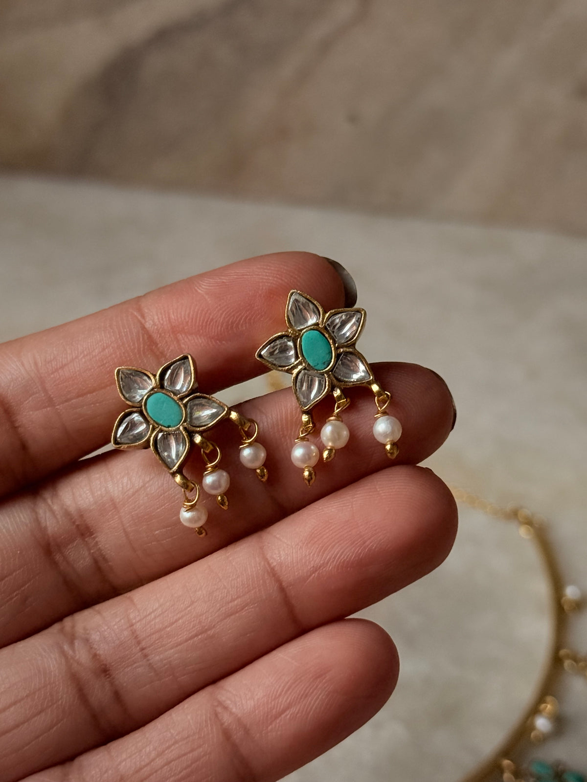925 Sterling Silver Turquoise , Fresh Water Pearls & Kundan Polki Handcrafted Gold Plated Necklace Set