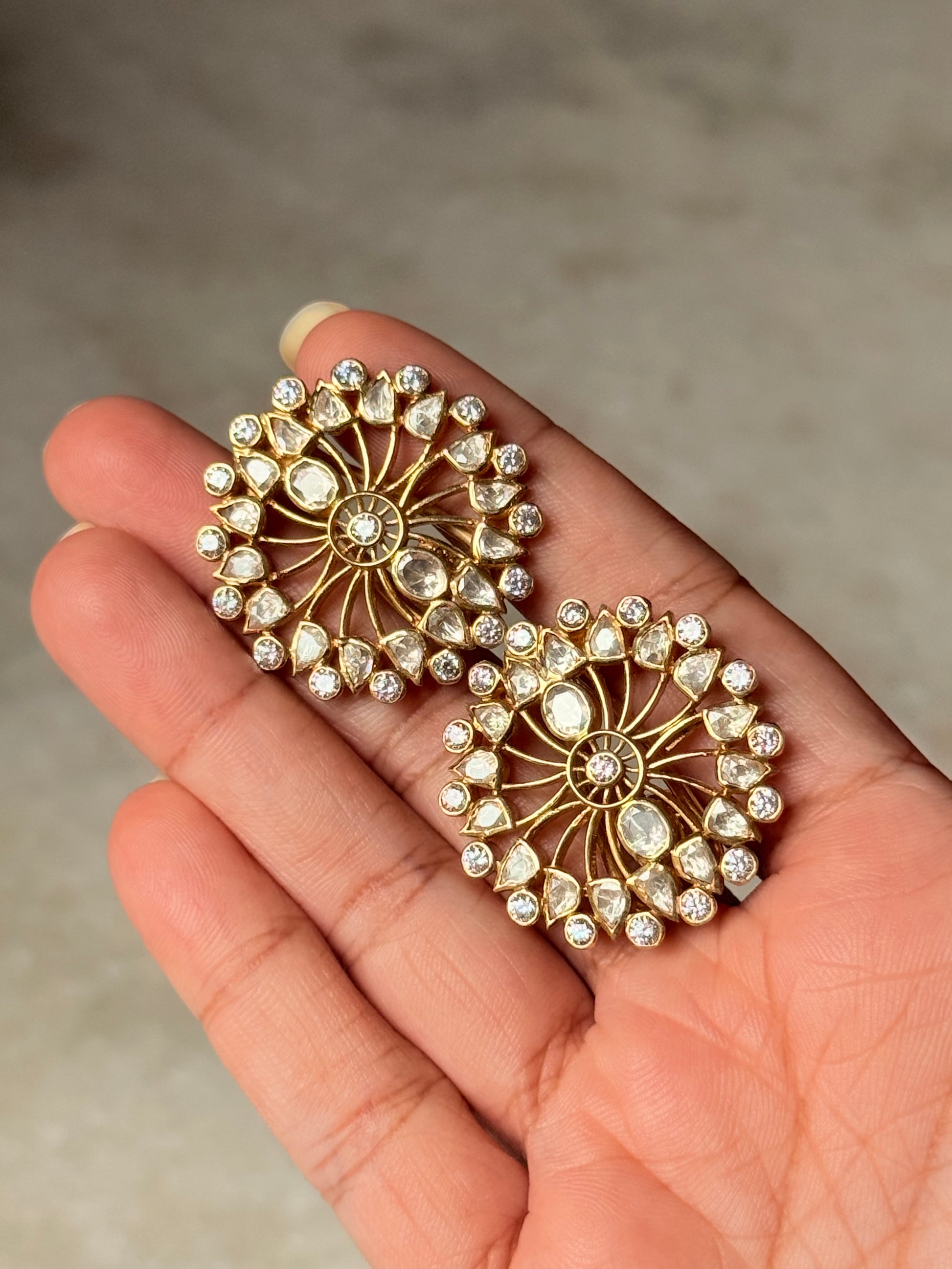 925 Sterling Silver Gold Plated Moissanite Polki Big Flower Earrings