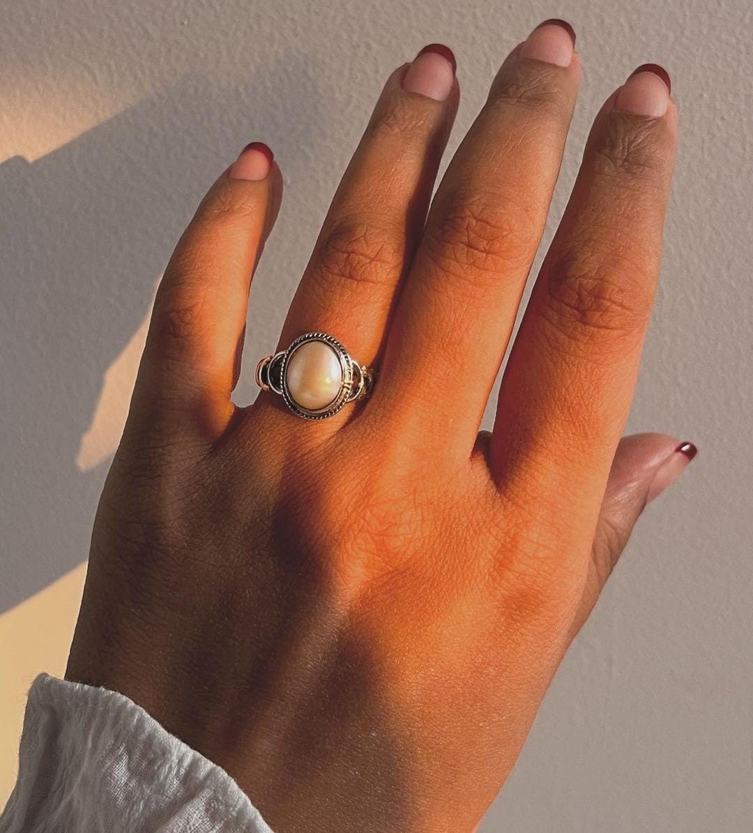 Delicate Oval Fresh Water Pearl Boho Ring in Silver