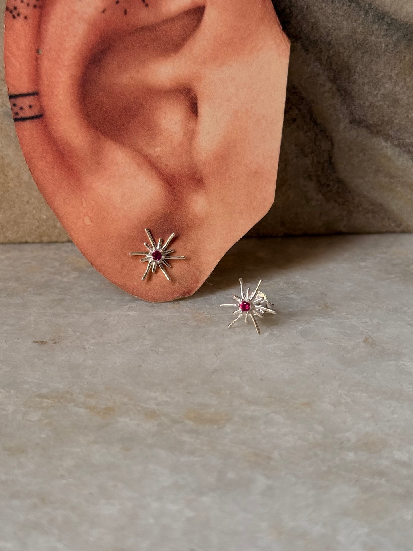 925 Sterling Silver Lab Grown Ruby Star Burst Studs Earrings