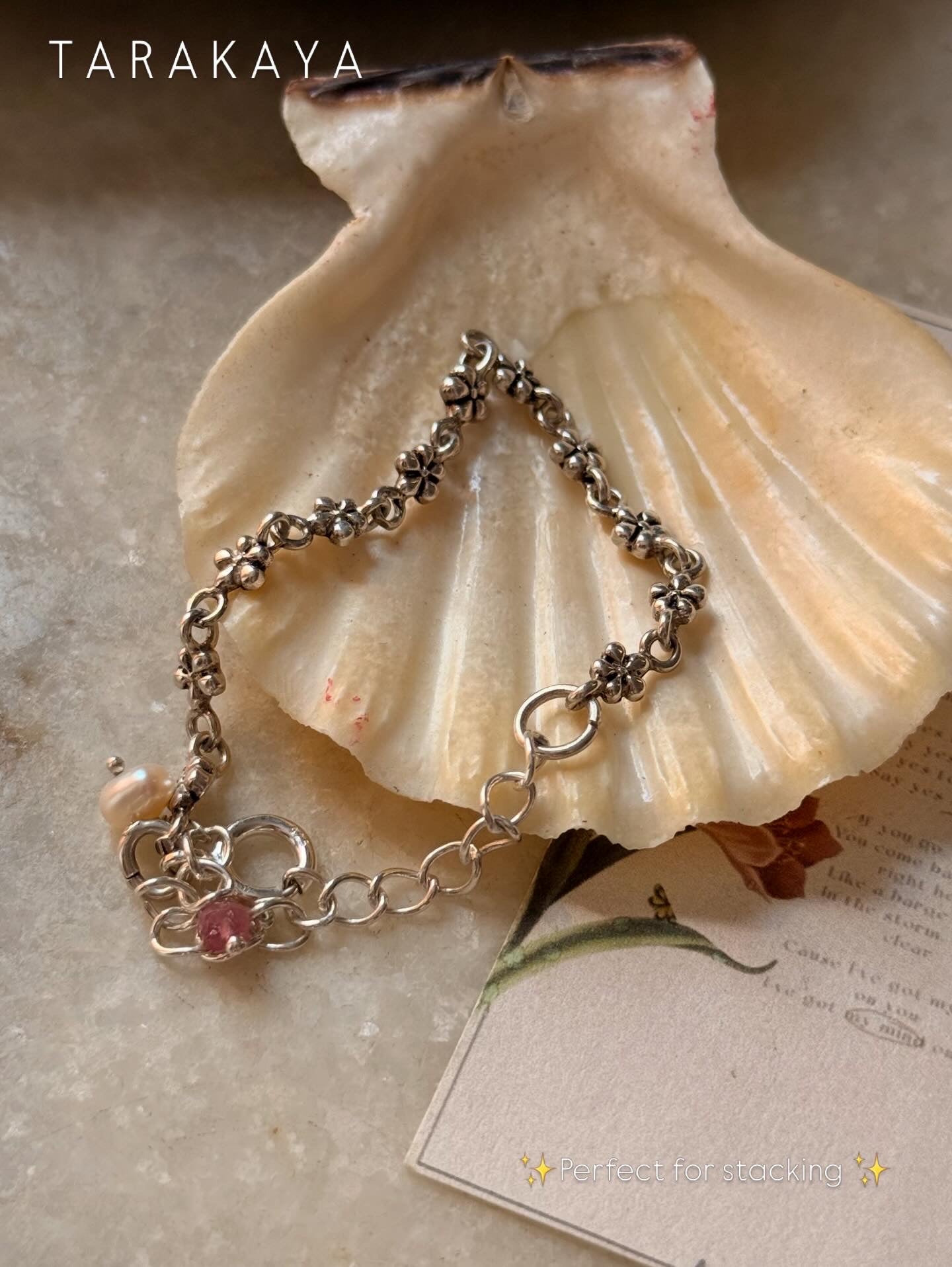 925 Sterling Silver Antique Cherry Blossom Flowers ~ Pink Tourmaline & Fresh Water Pearl Charm Bracelet
