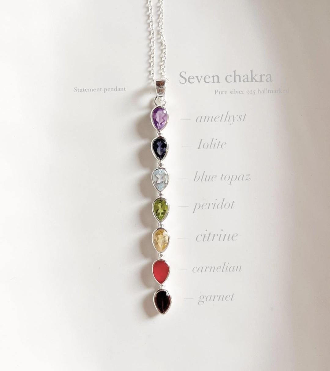 Seven Chakra pear cut stones statement silver pendant