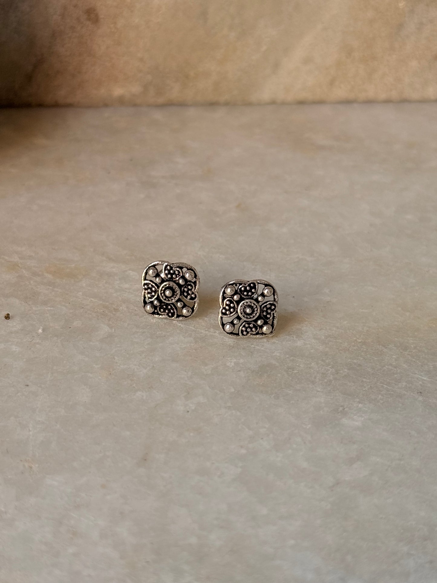 925 Sterling Silver Antique Plain Oxidised Boho Studs Earrings