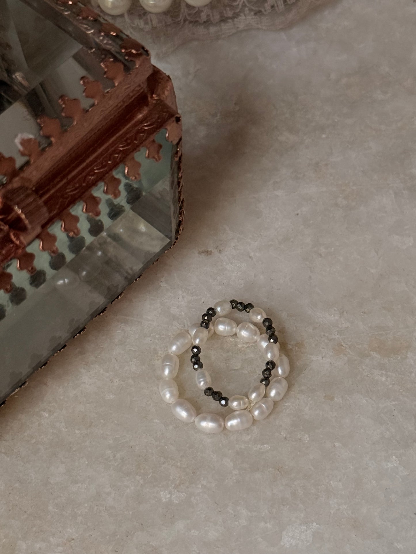 Natural Crystal Stretchy Fresh Water Pearl & Pyrite Pearl Rings