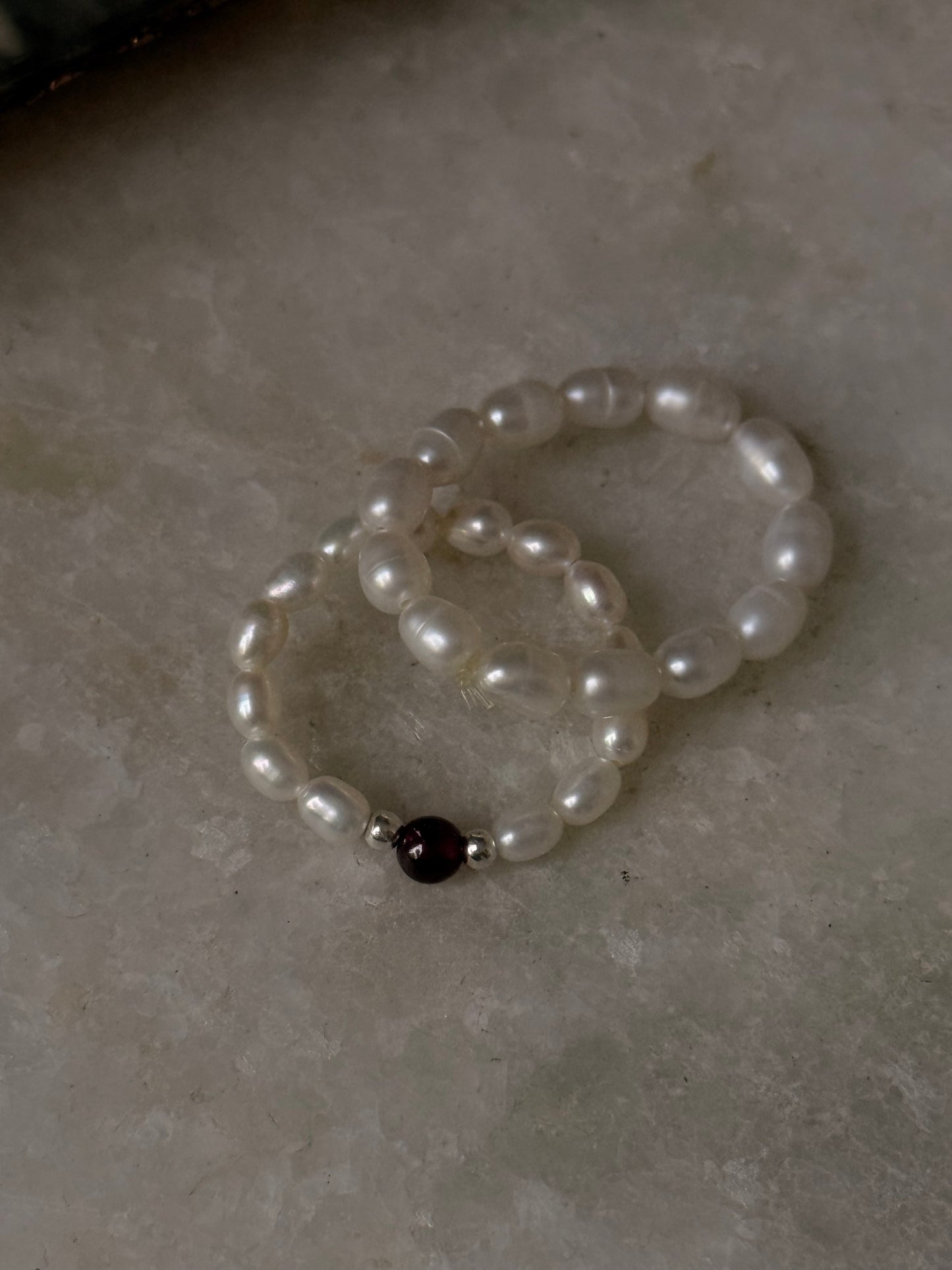 Natural Crystal Stretchy Fresh Water Pearl & Garnet Silver Ball Rings