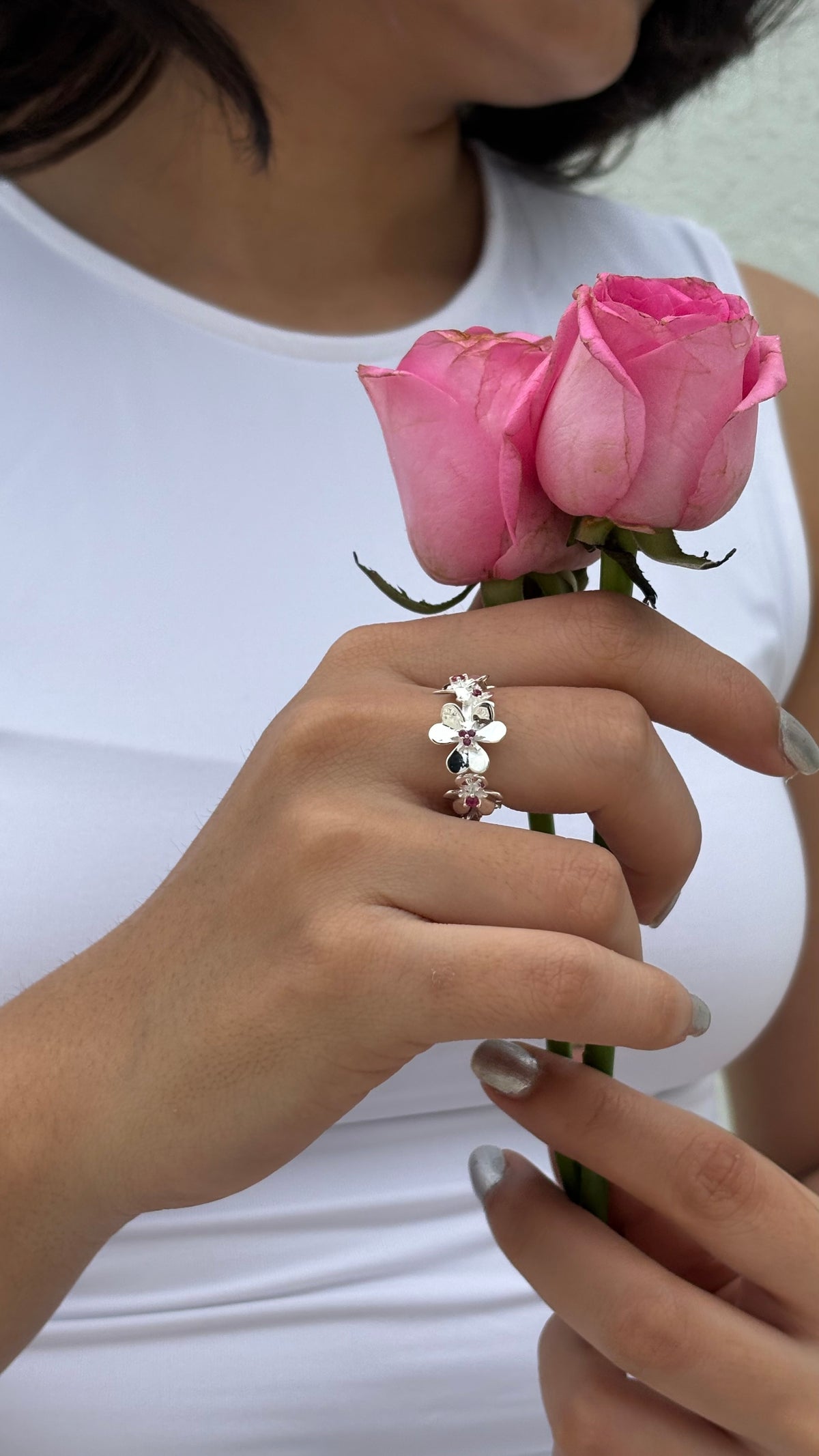 925 Sterling Silver Ruby Lab Grown flowers Bouquet Adjustable Ring