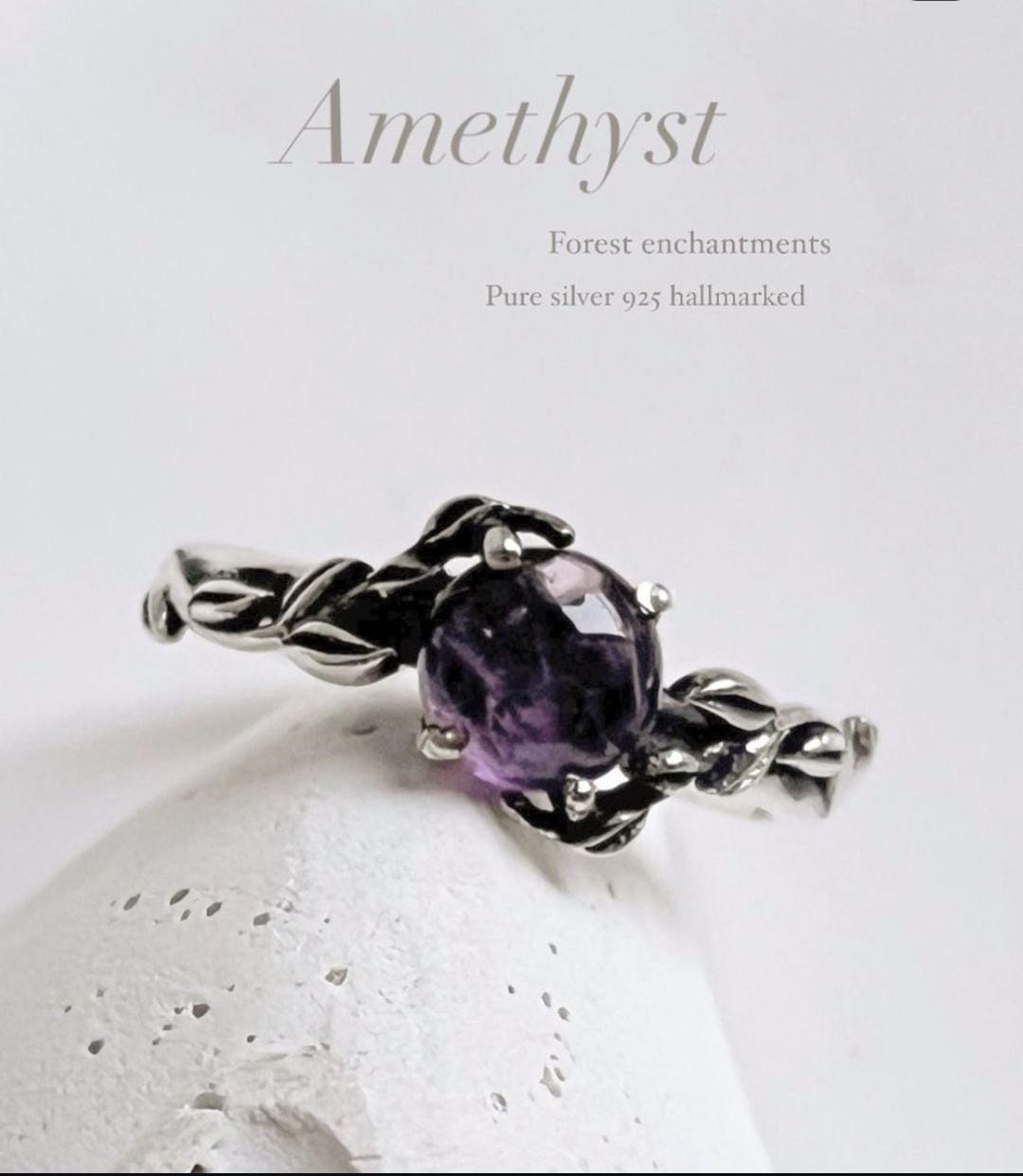 Nature-Inspired Silver Ring with Amethyst Stone, Forest Enchantment