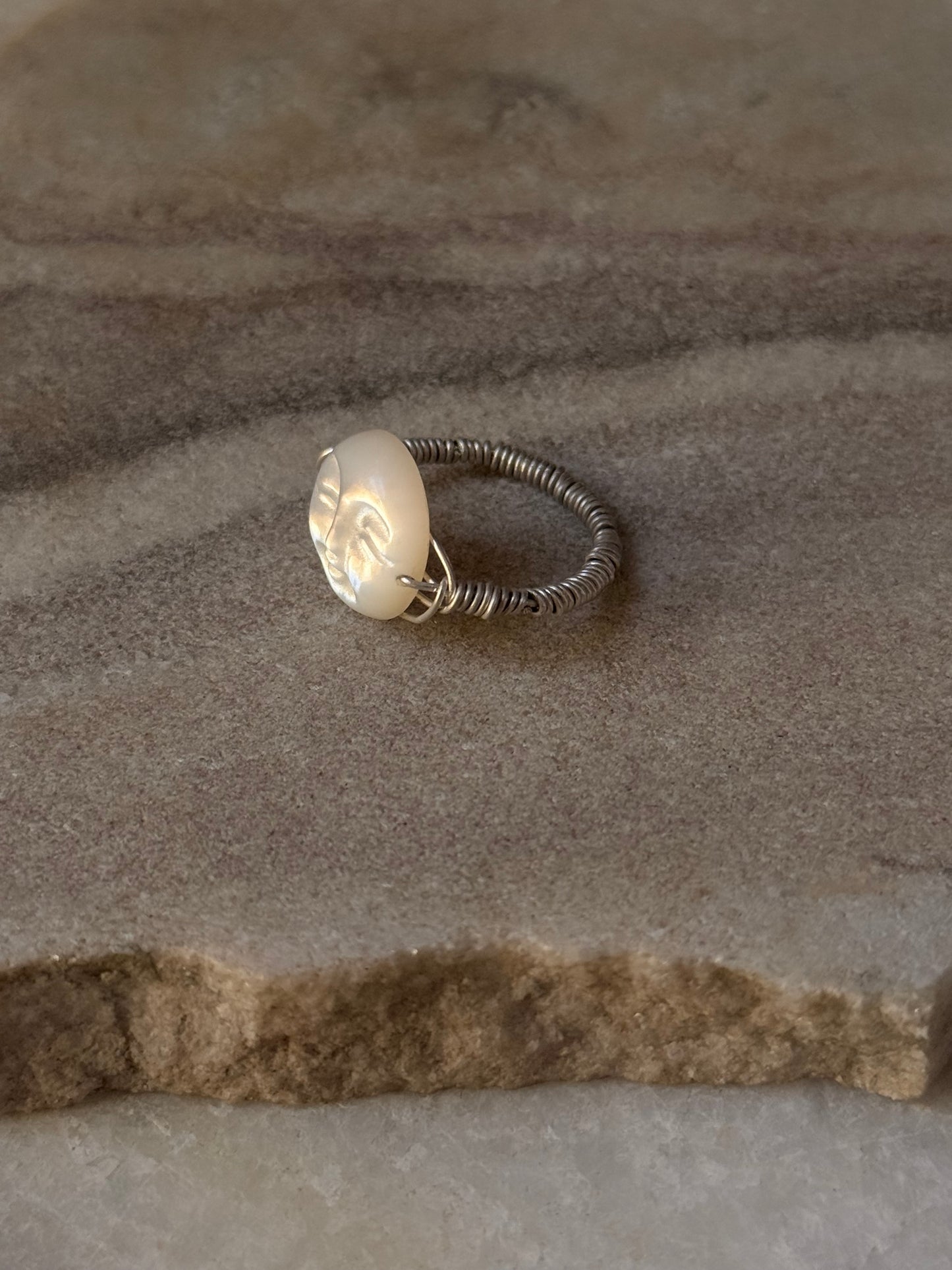 925 Sterling Silver Mother of Pearl Moon Face Wire Wrapped Handcrafted Ring