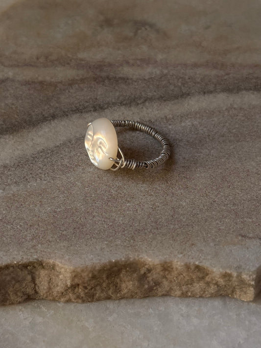 925 Sterling Silver Mother of Pearl Moon Face Wire Wrapped Handcrafted Ring
