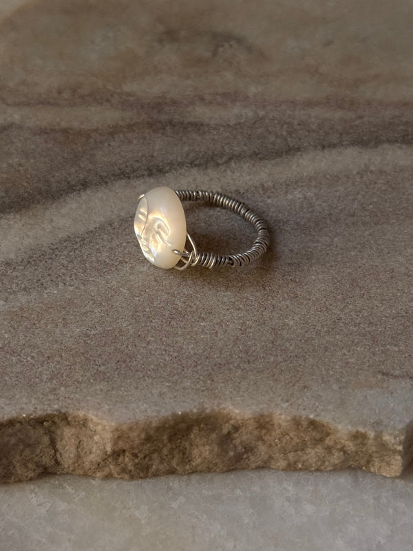925 Sterling Silver Mother of Pearl Moon Face Wire Wrapped Handcrafted Ring
