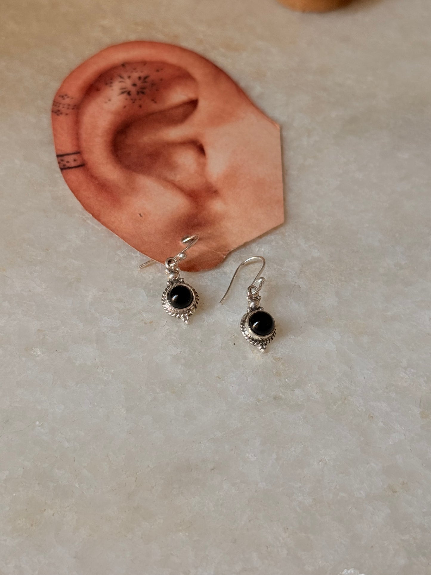 925 Sterling Silver Black Onyx Rope Handcrafted Boho Antique Style Hook Earrings
