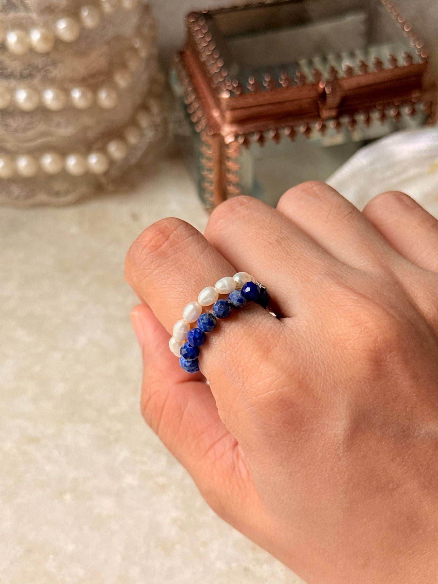 Natural Crystal Stretchy Lapis Lazuli 3-4mm & Fresh Water Pearl Rings