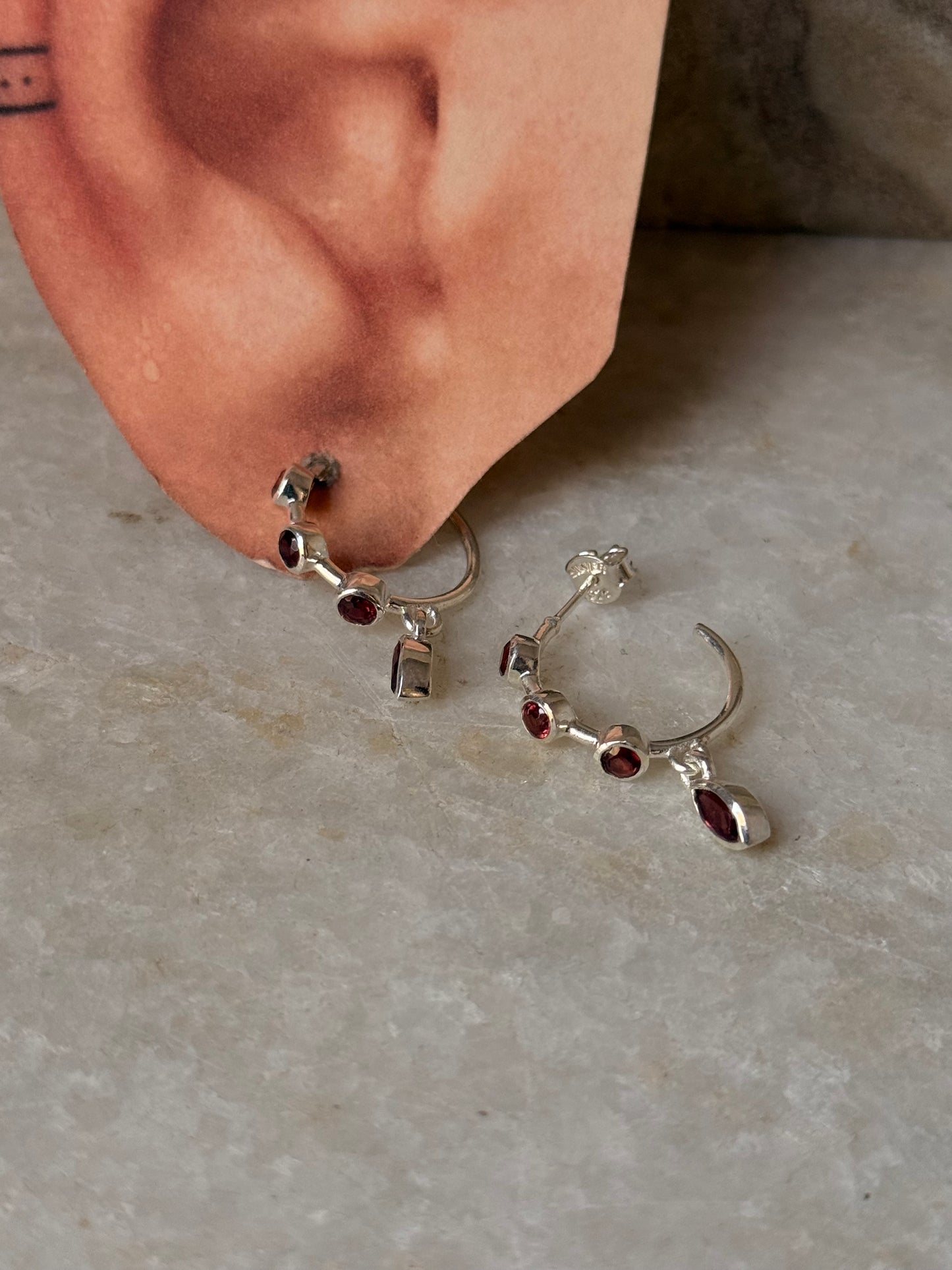 925 Sterling Silver Garnet Half Hoops Earrings