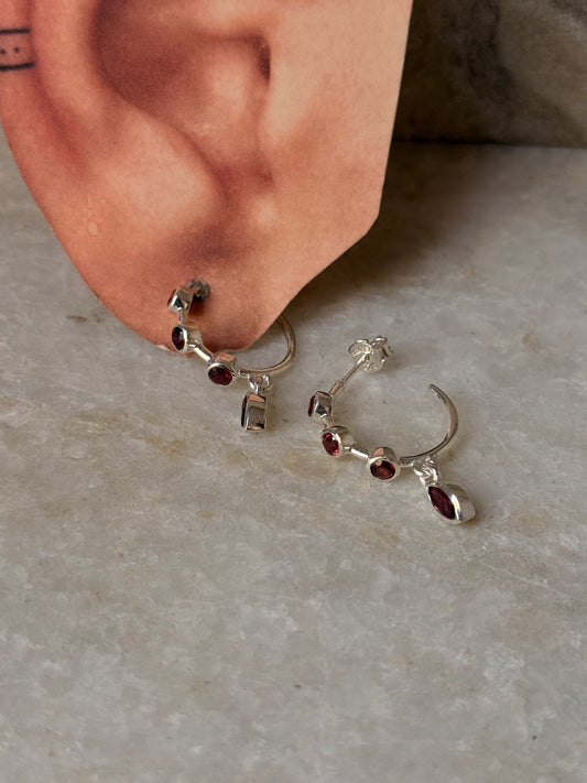 925 Sterling Silver Garnet Half Hoops Earrings