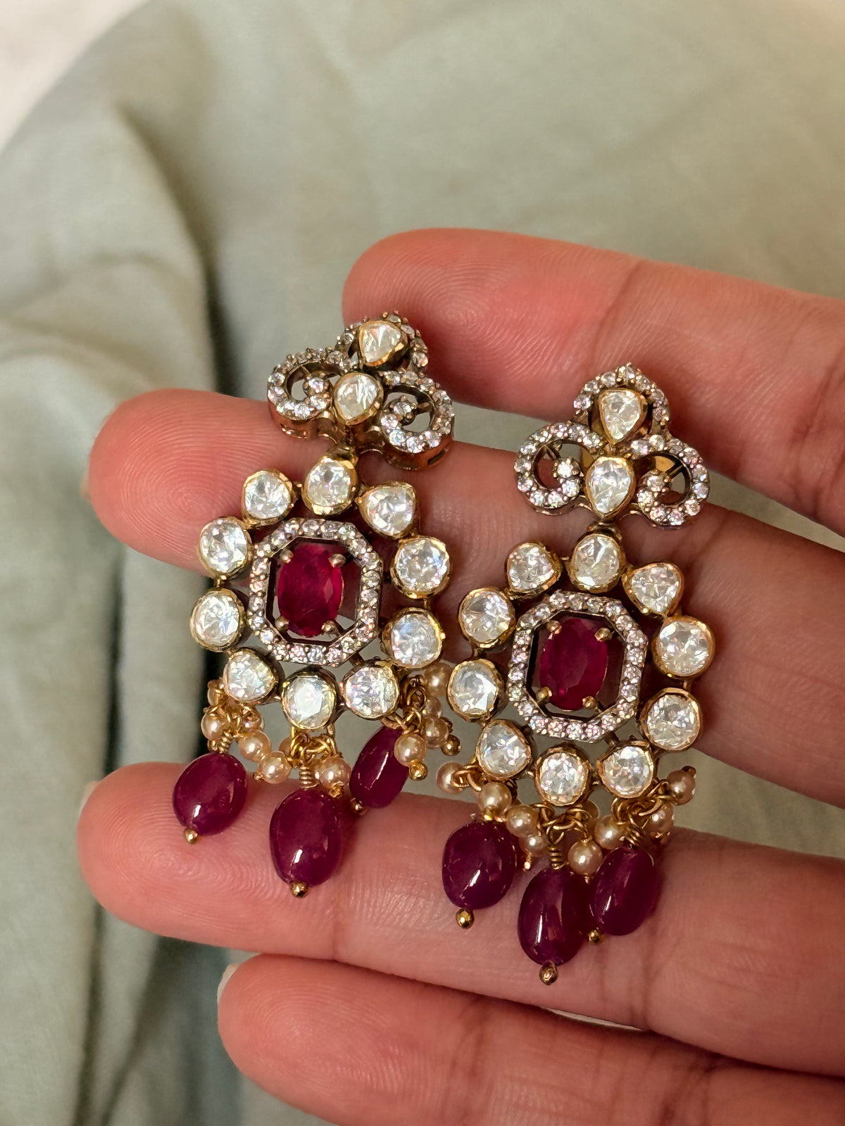 925 Sterling Silver Moissanite Polki,Dyed Ruby ,Cz & Fresh Water Pearls Gold Plated Statement Earrings
