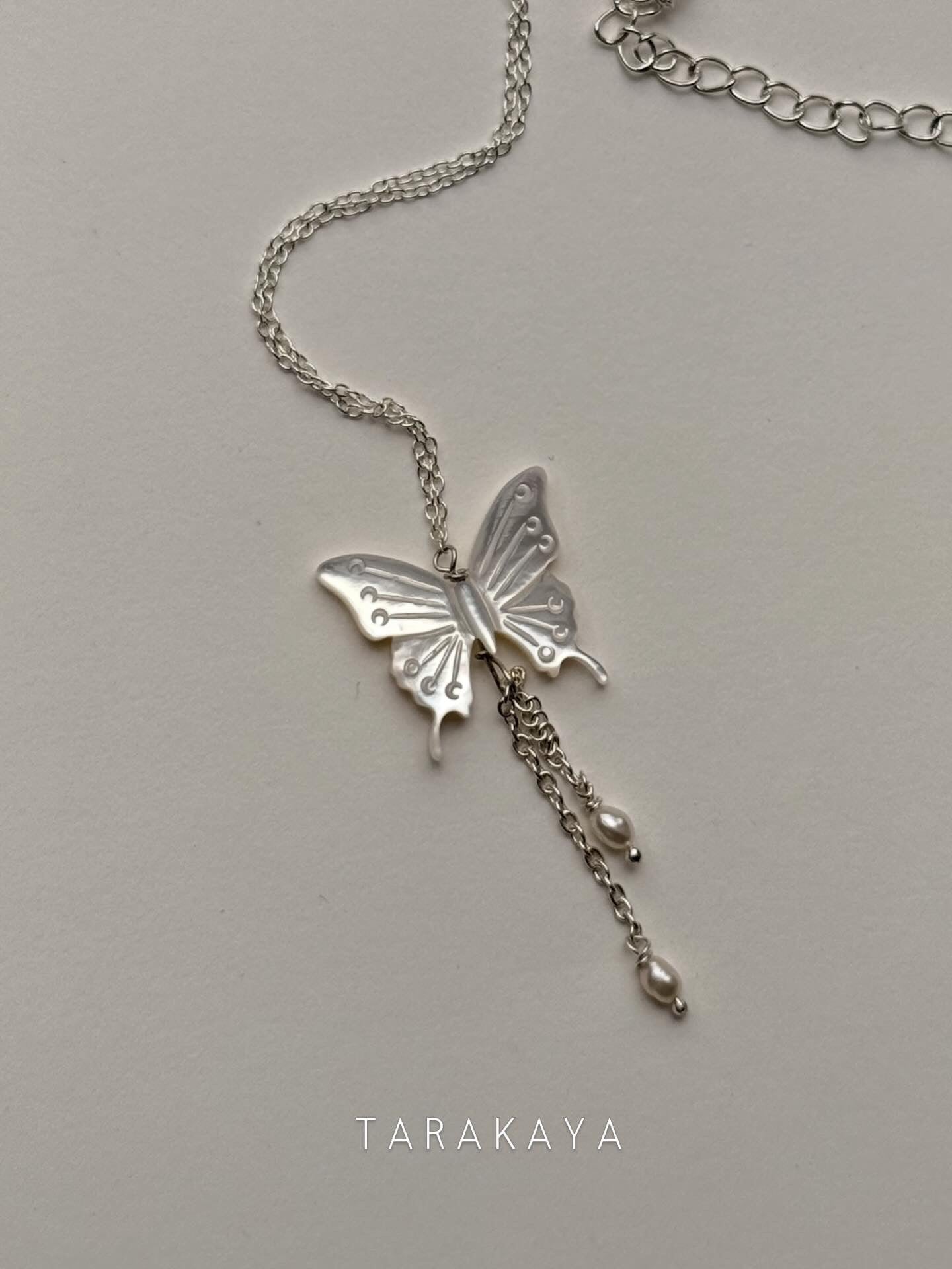 925 Sterling Silver Mother of Pearl Butterfly, Adjustable Chain With Fresh Water Pearls Charm Handcrafted Necklace