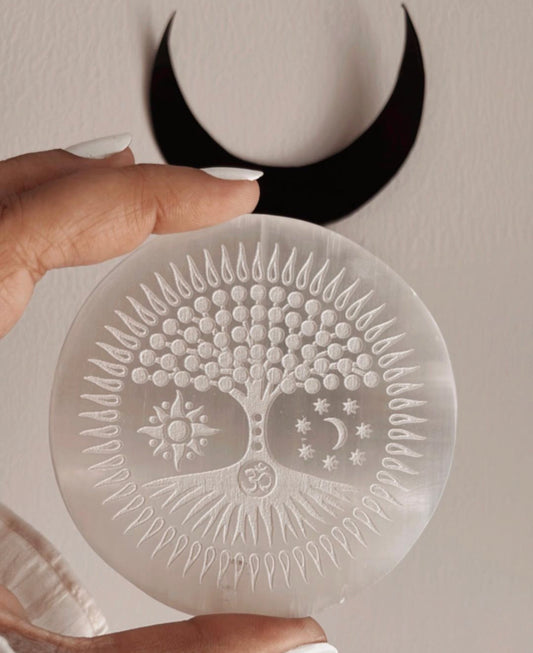 Selenite charging plate with Tree of Life, Om, Sun & Moon design