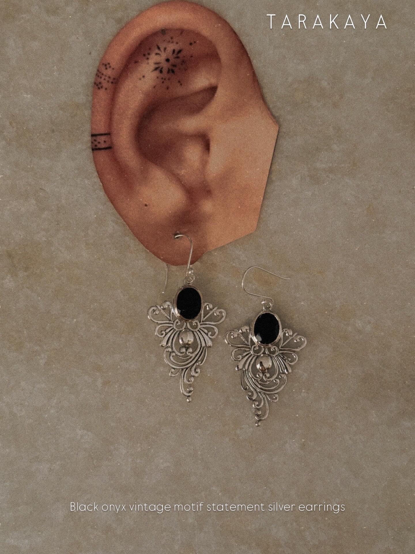 925 Sterling Silver Black Onyx Vintage Motif Statement Earrings