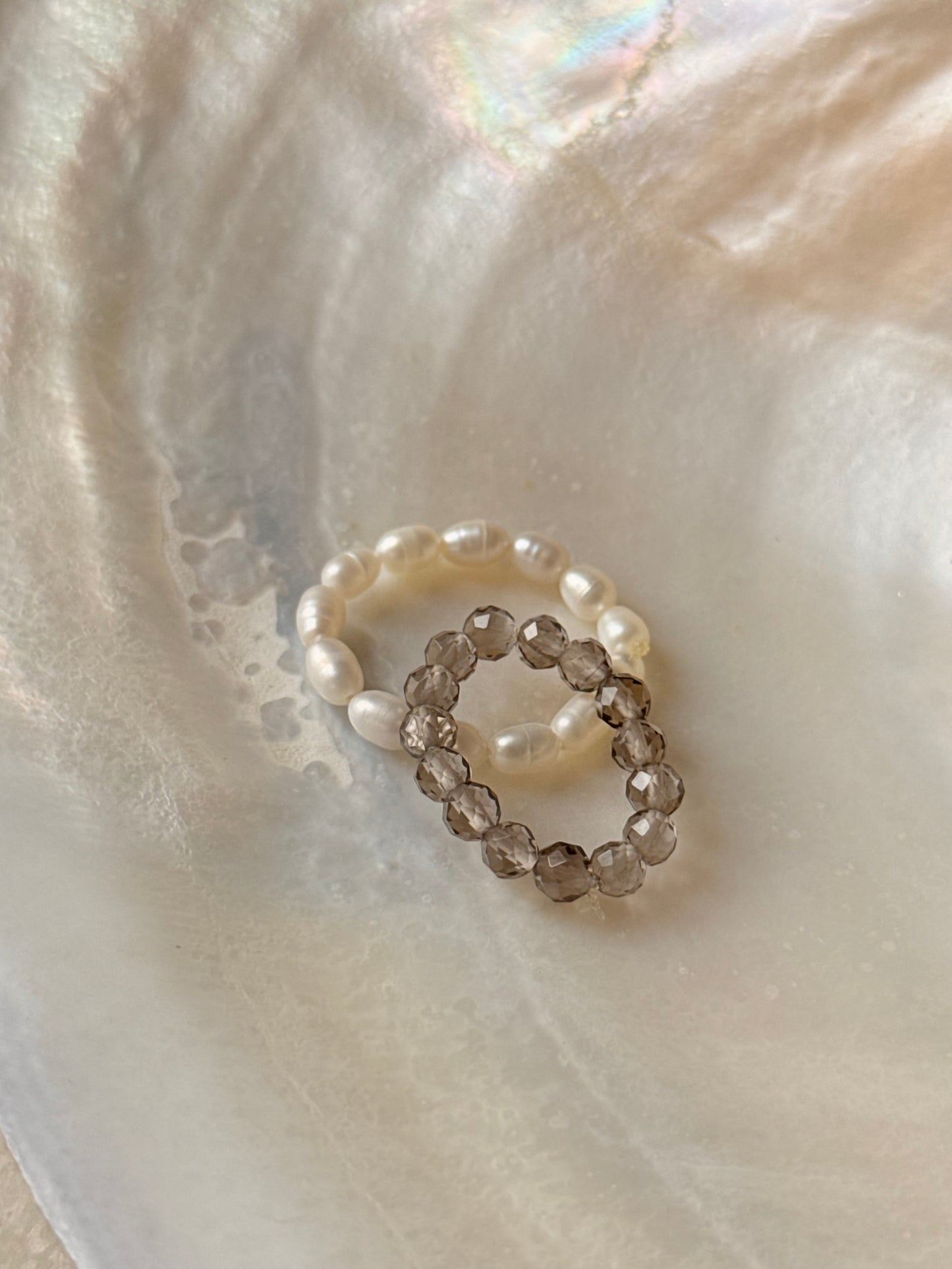 Natural Crystal Stretchy Smokey Quartz 3-4mm & Fresh Water Pearl Rings