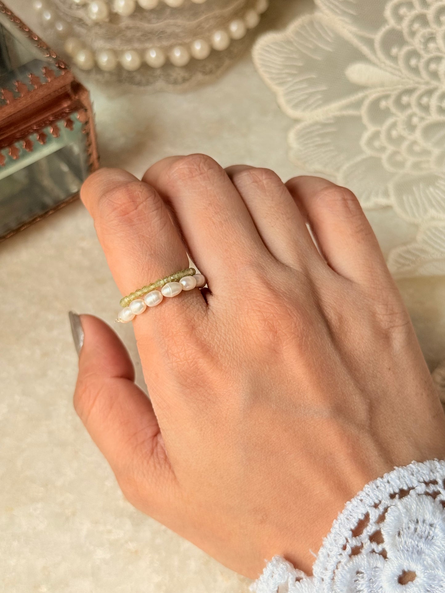 Natural Crystal Stretchy Fresh Water Pearl & Peridot Rings