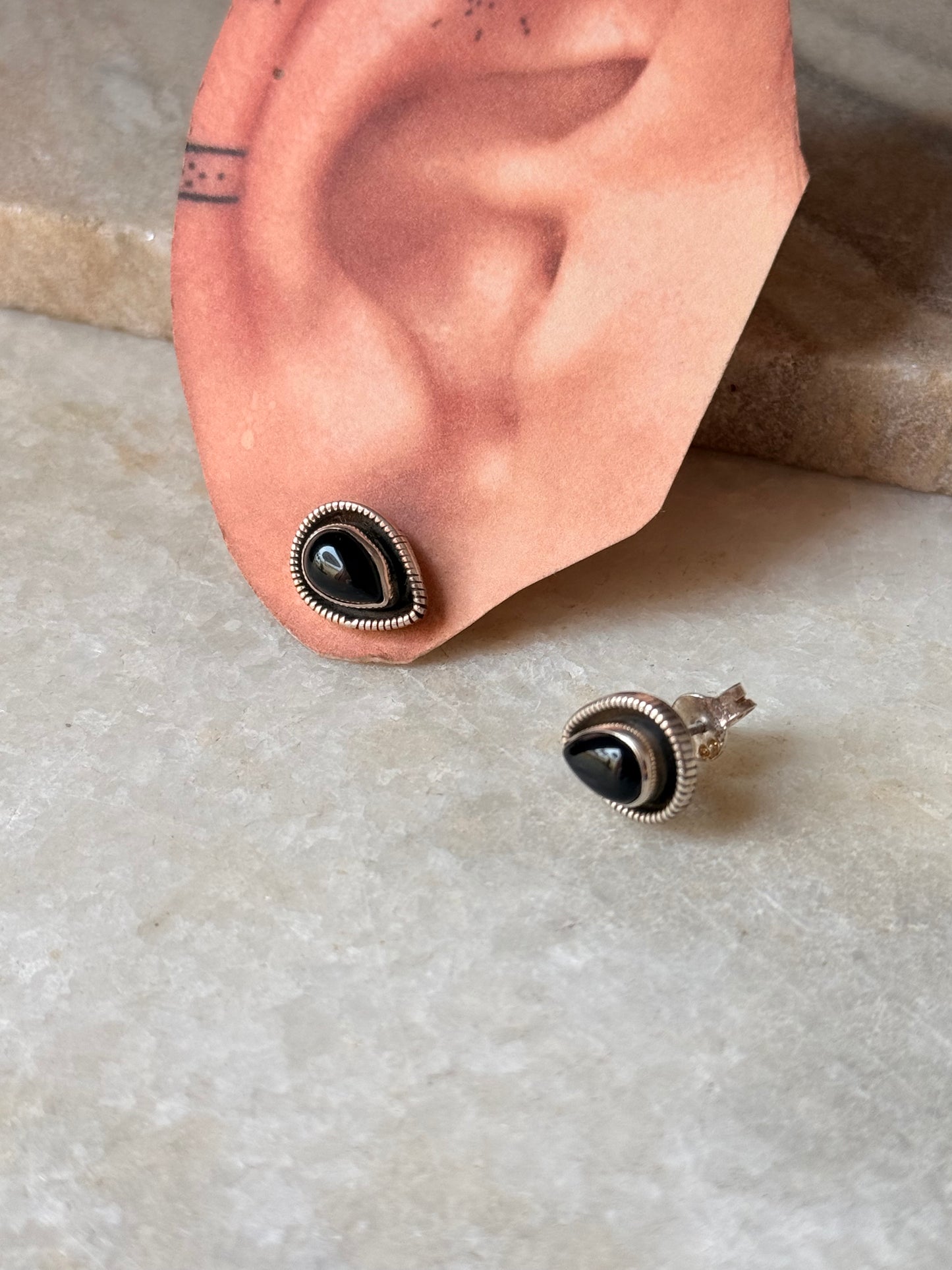 925 Sterling Silver Black Onyx Boho Pear Studs Earrings