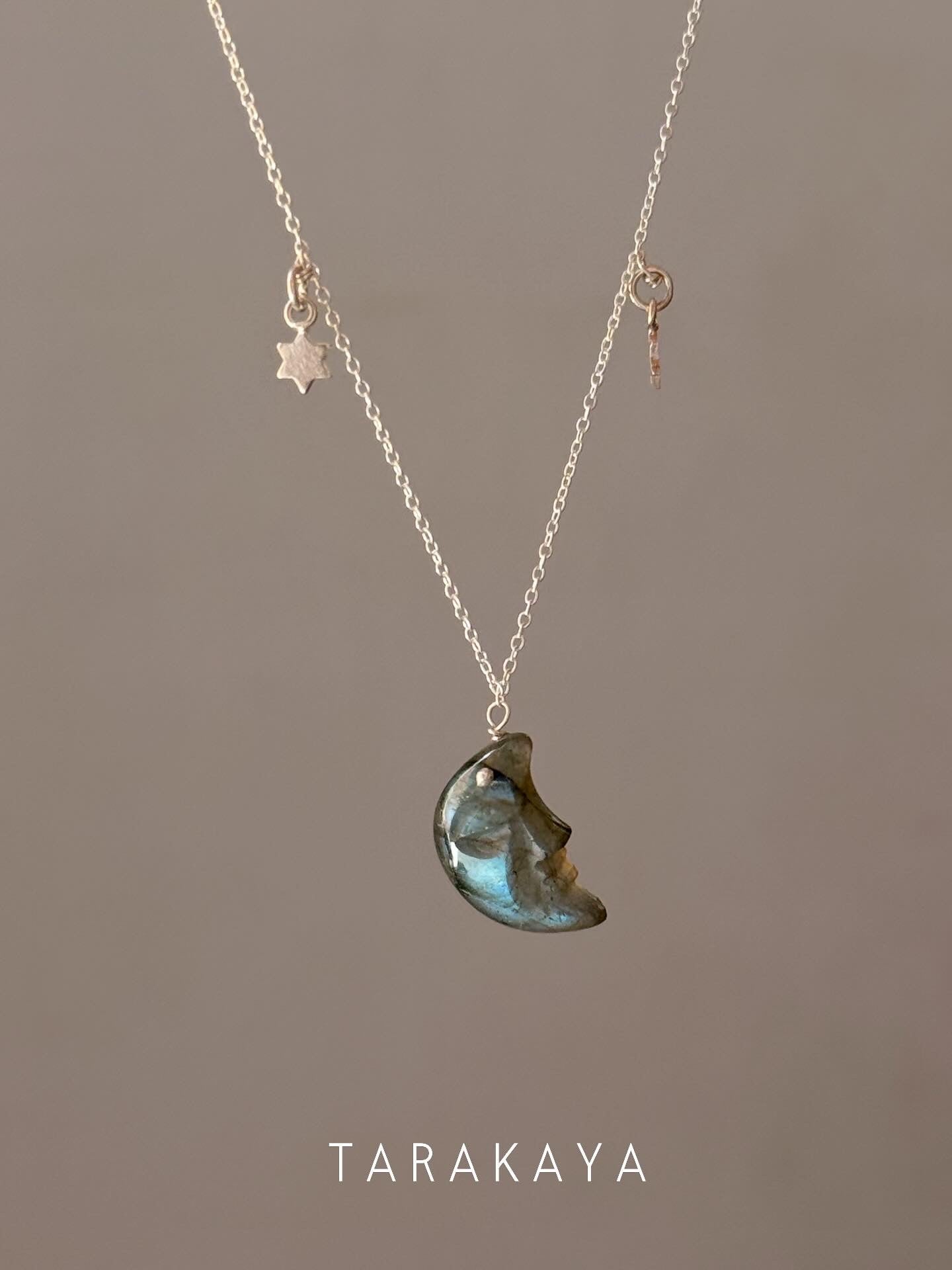 925 Sterling Silver Labradorite Half Moon Face Double Silver Star Handcrafted Necklace