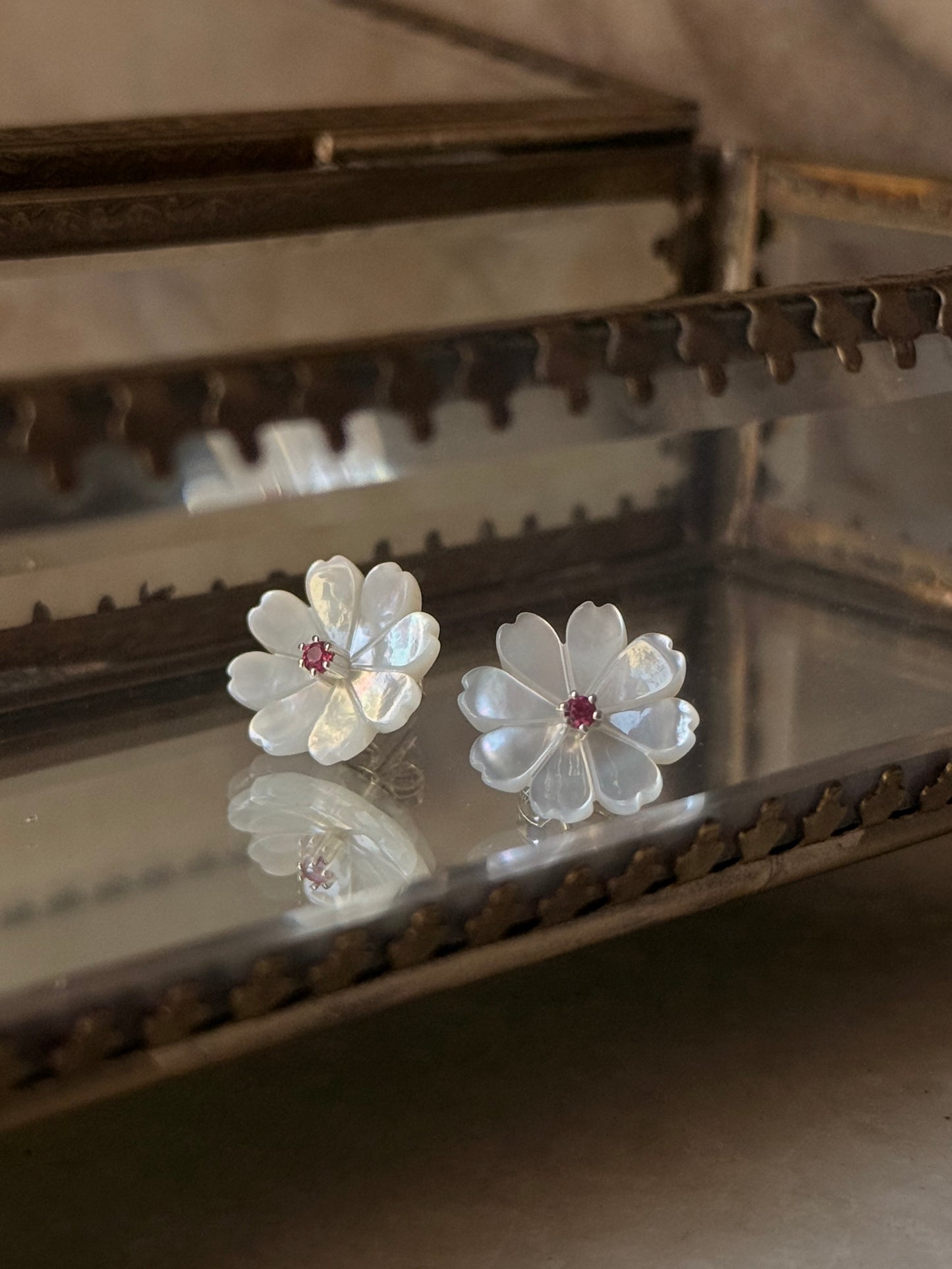 925 Sterling Silver Mother of Pearl Flower Carved Lab Grown Ruby Tiny Studs- 2 in 1