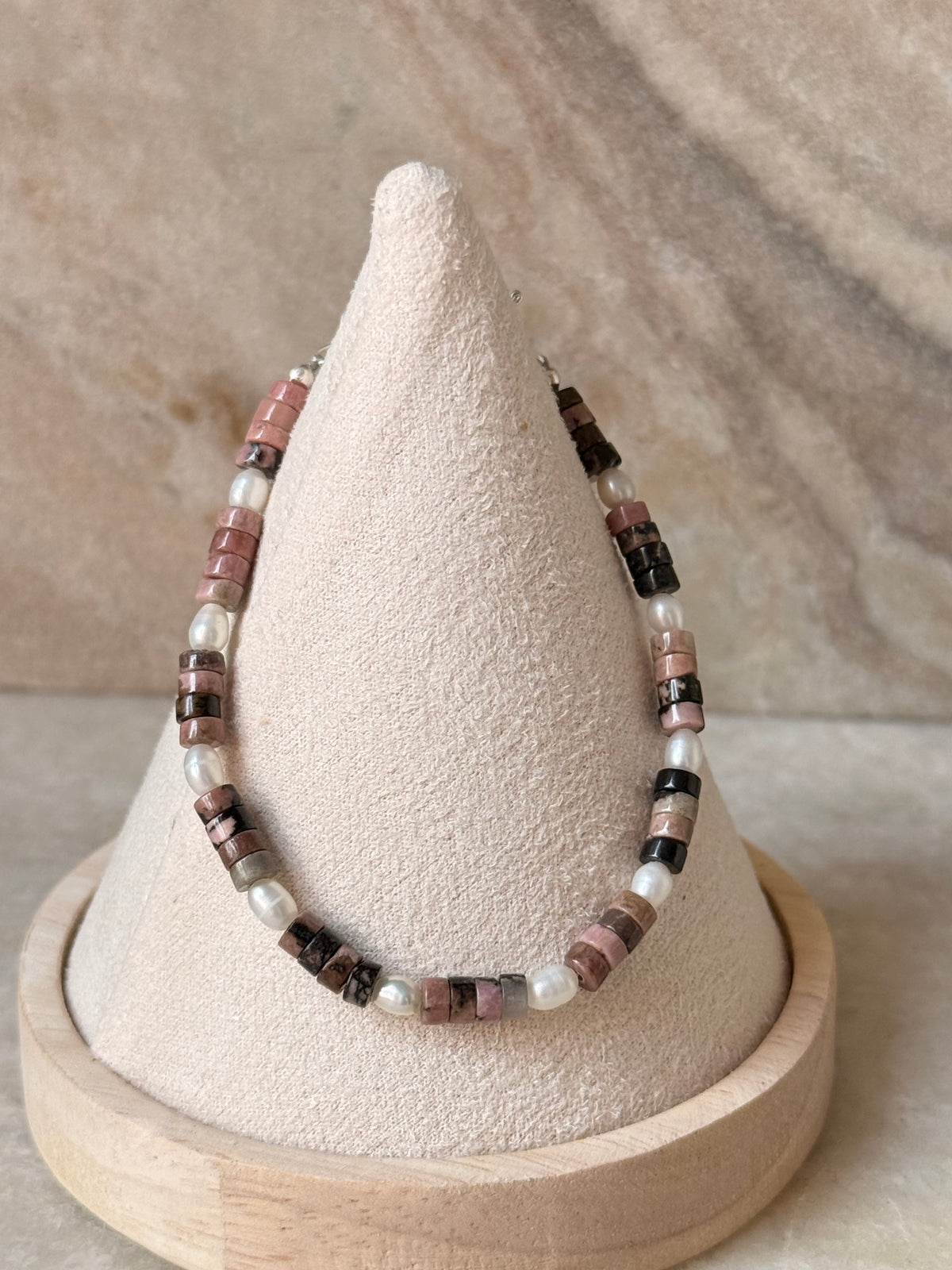 925 Sterling Silver Rhodonite Flat Tube Crystal Fresh Water Pearls Bracelet