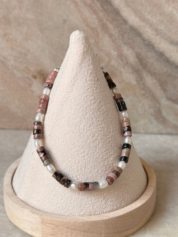 925 Sterling Silver Rhodonite Flat Tube Crystal Fresh Water Pearls Bracelet