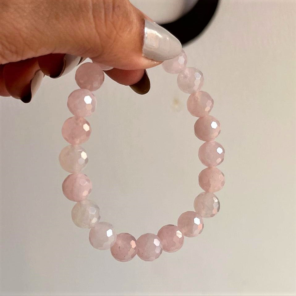 Genuine Rose Quartz 8MM Crystal Bracelet with Diamond Cut Beads