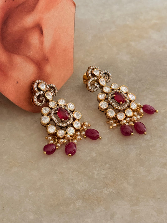 925 Sterling Silver Moissanite Polki,Dyed Ruby ,Cz & Fresh Water Pearls Gold Plated Statement Earrings