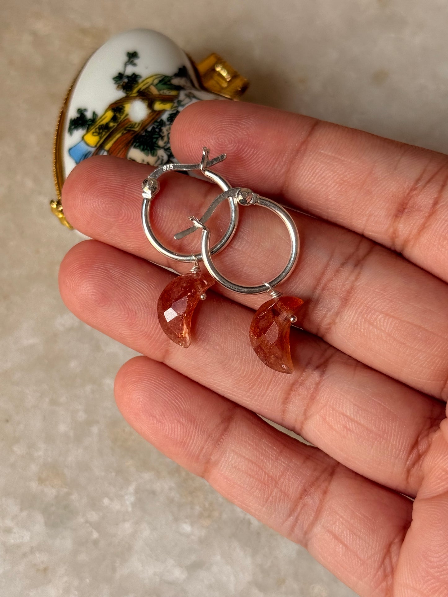 925 Sterling Silver Shiny Sunstone Crystal Moon Carved Charm Italian Hoops
