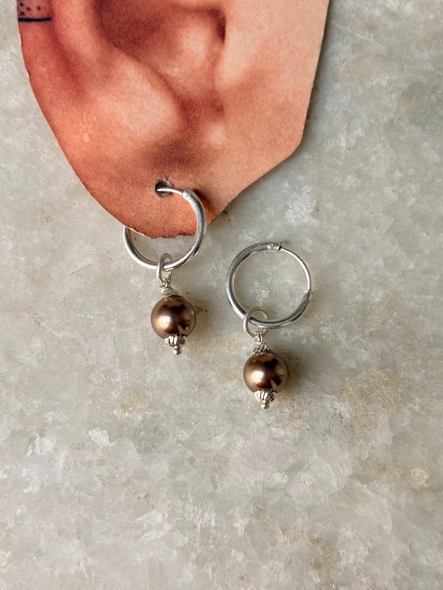 Brown Faux Pearl Charm 925 Sterling Silver Hoops