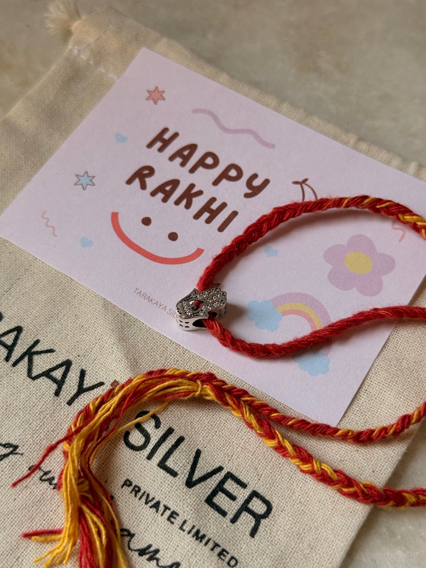 925 Sterling Silver Hamsa Charm Rakhi - Reusable as Pendant / Bracelet Charm Handcrafted Rakhi