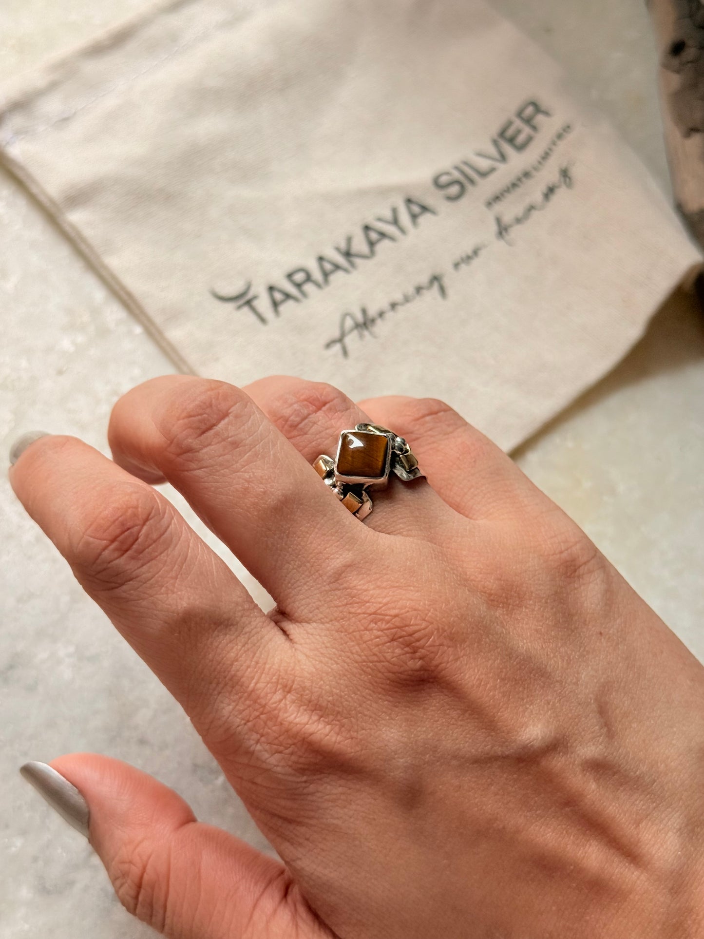 925 Sterling Silver Tiger Eye Rustic Mixed Metal Ring