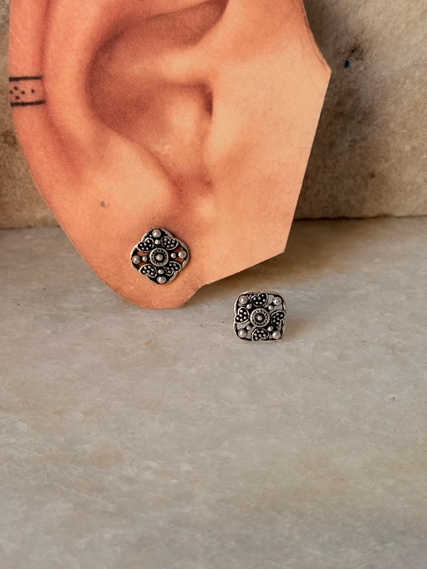 925 Sterling Silver Antique Plain Oxidised Boho Studs Earrings