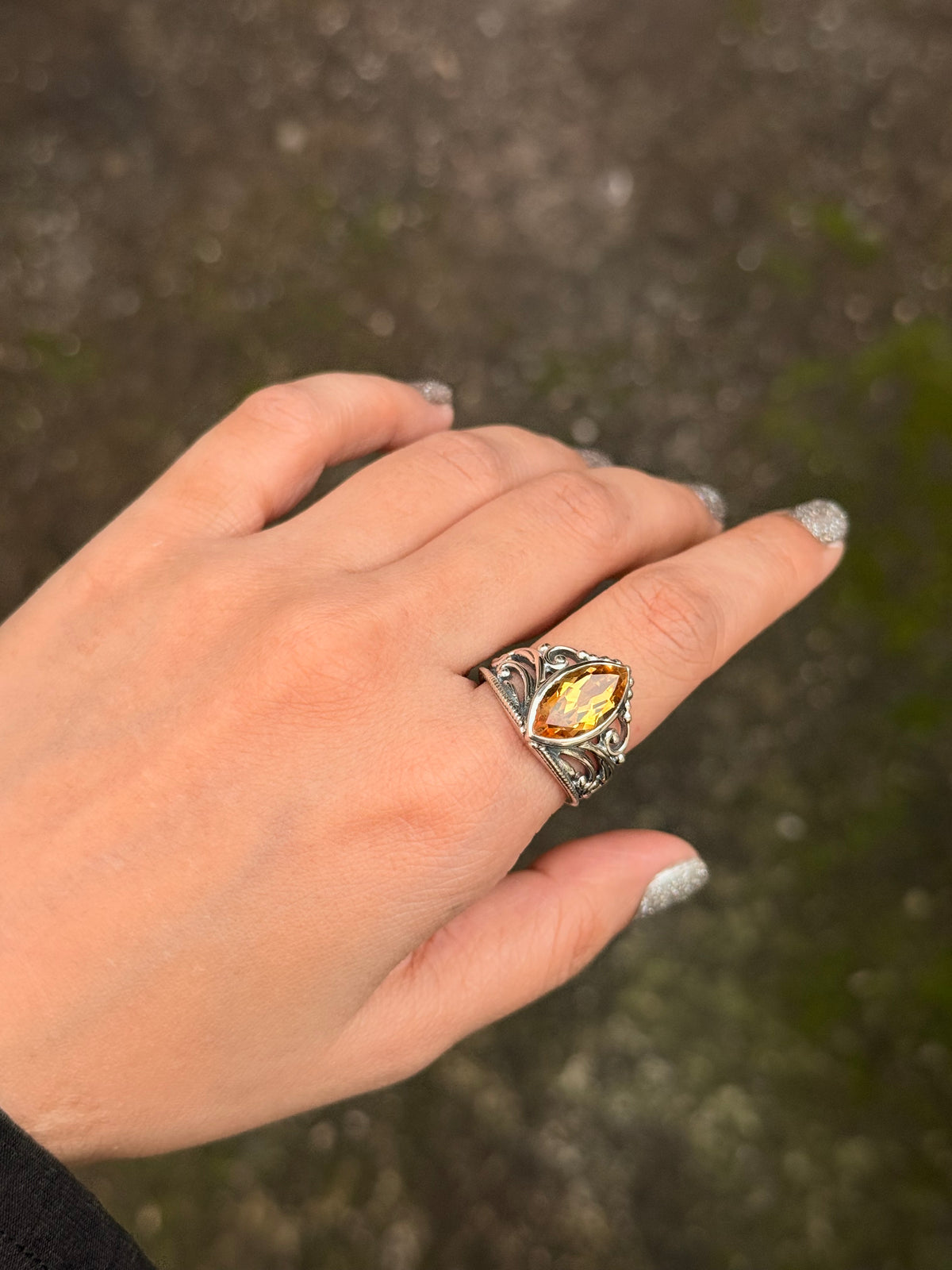 925 Sterling Silver Treated Citrine Marquise Vintage Crown Ring