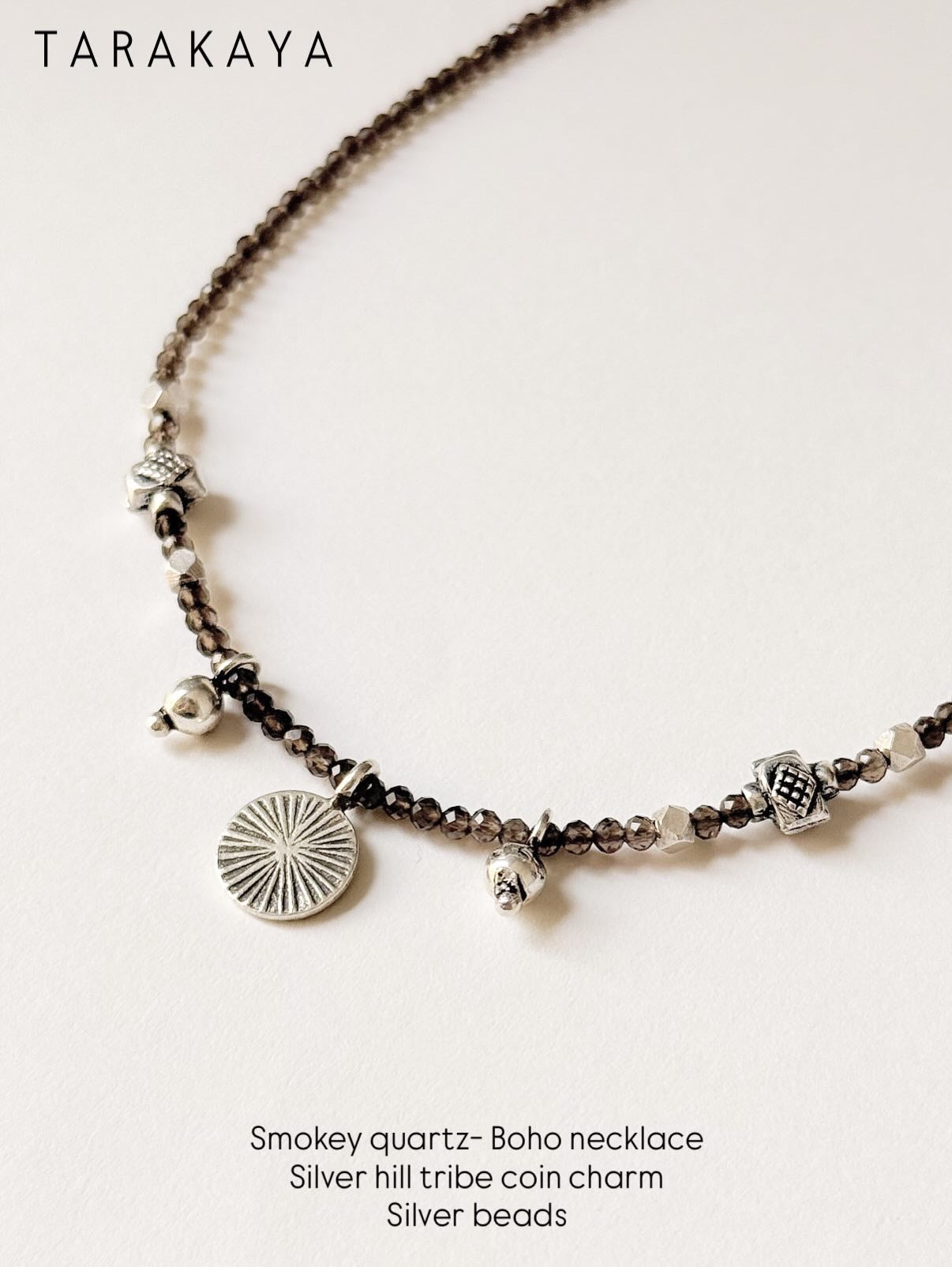 925 Sterling Silver Smokey Quartz 2mm & Hill Tribe Coin Charm & Silver Beads Handcrafted Necklace