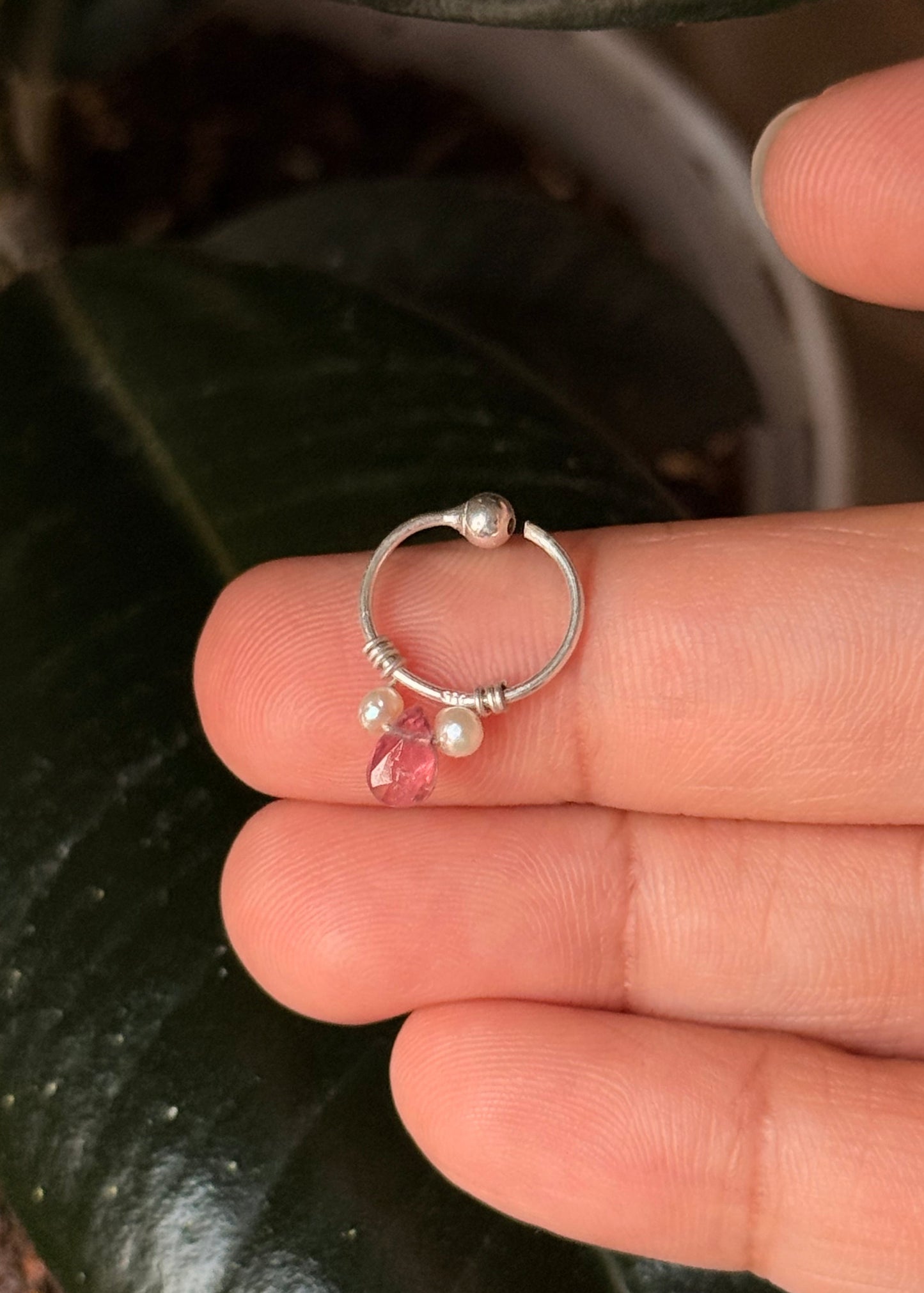 925 Sterling Silver Pink Tourmaline, Fresh Water Pearls Piercing Septum Nose Ring