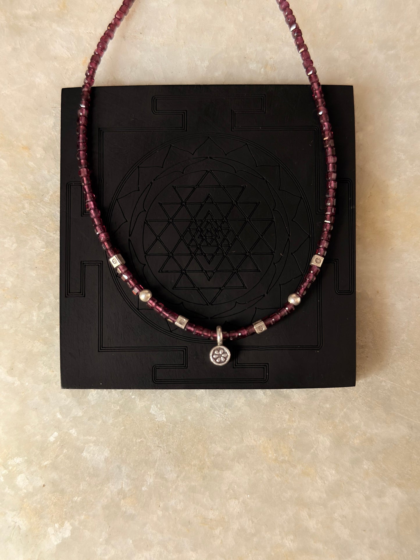 925 Sterling Silver Garnet Box 2mm Flower Charm Necklace